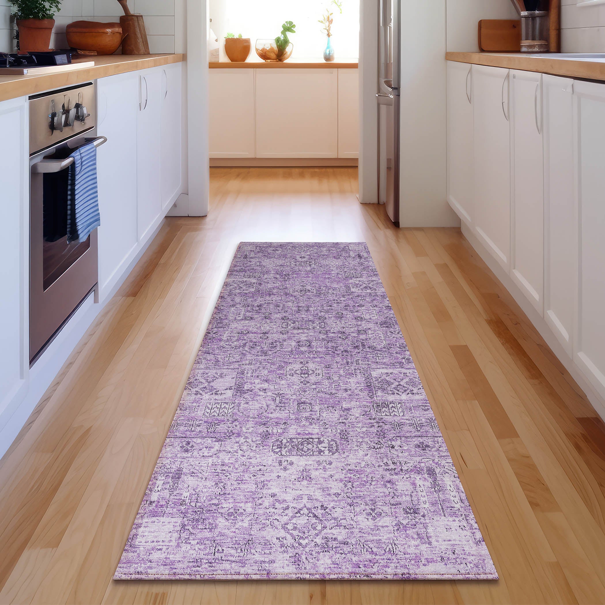 Antigua Machine Washable Transitional Lilac Purple Rug 2'3" x 7'6" #shape_Runner