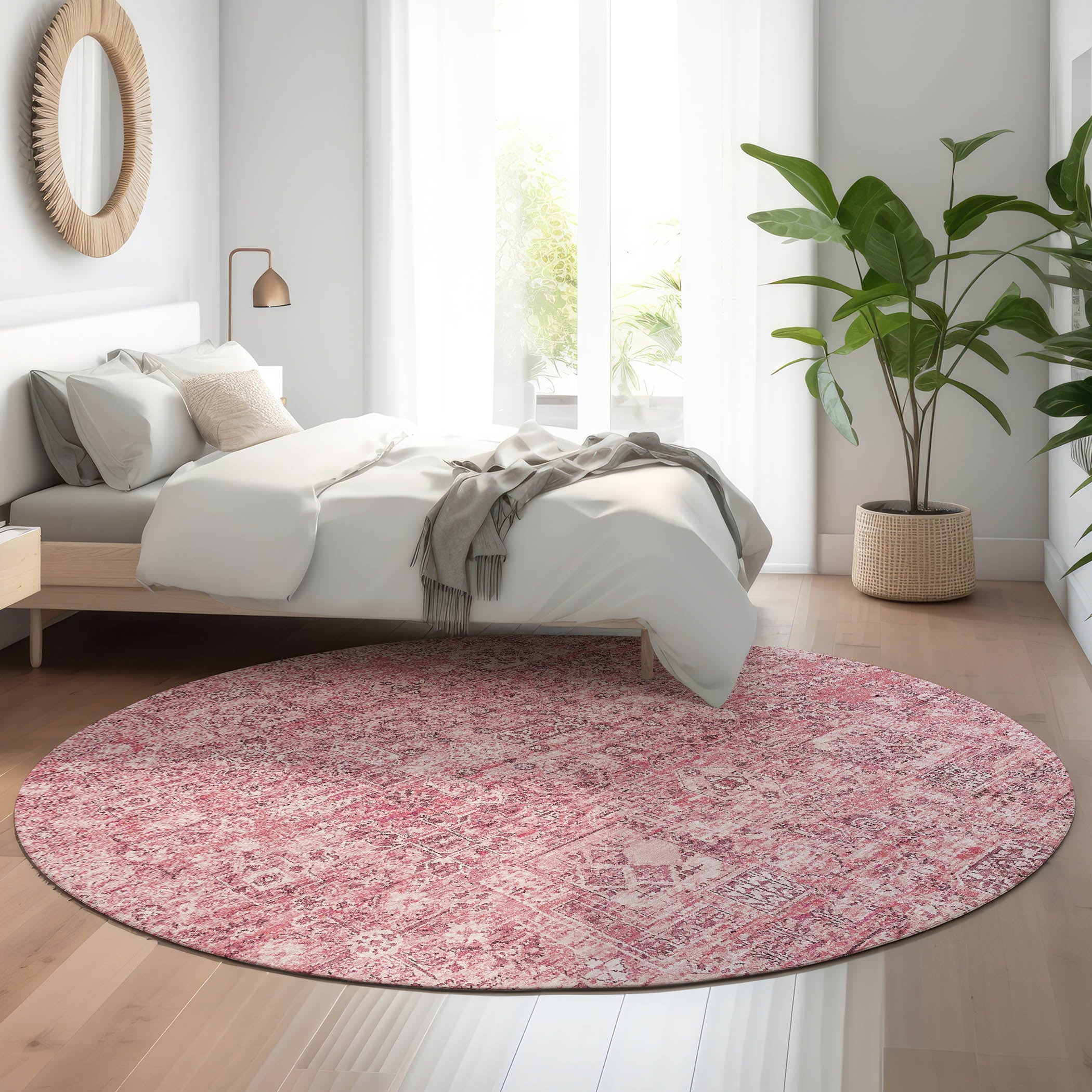Antigua Machine Washable Transitional Pink Rug 8' x 8' #shape_Round