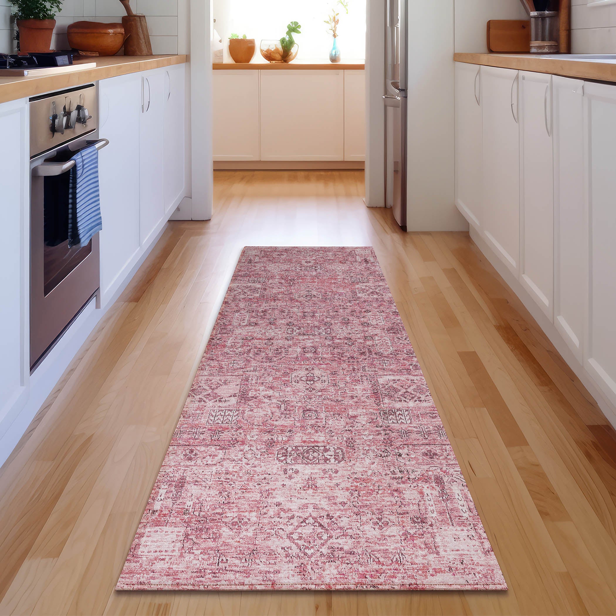 Antigua Machine Washable Transitional Pink Rug 2'3" x 7'6" #shape_Runner