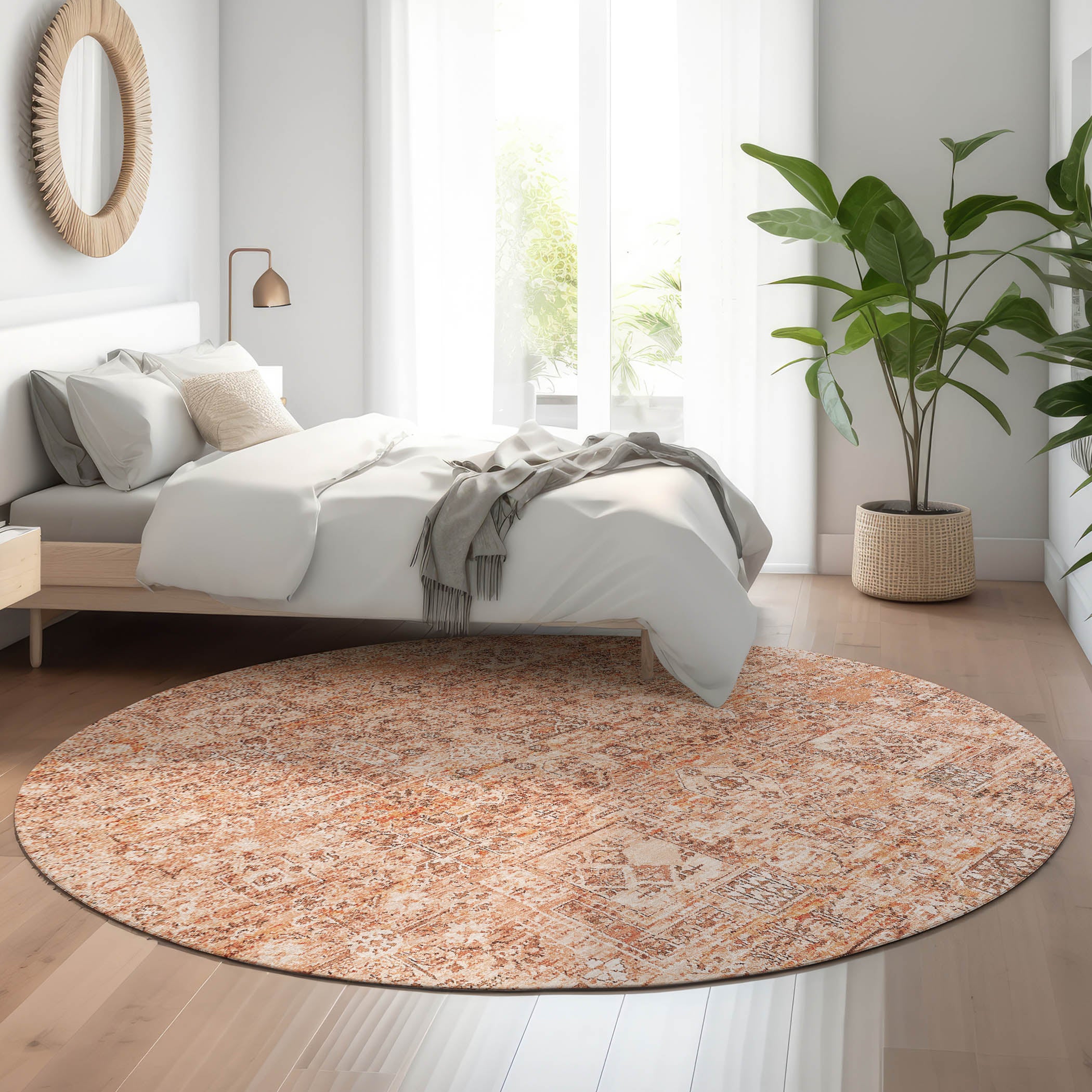 Antigua Machine Washable Transitional Salmon Orange Rug 8' x 8' #shape_Round