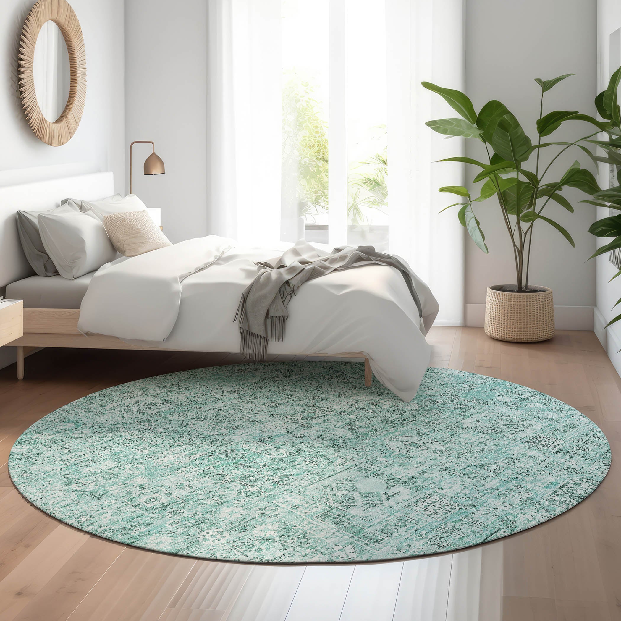 Antigua Machine Washable Transitional Teal Rug 8' x 8' #shape_Round