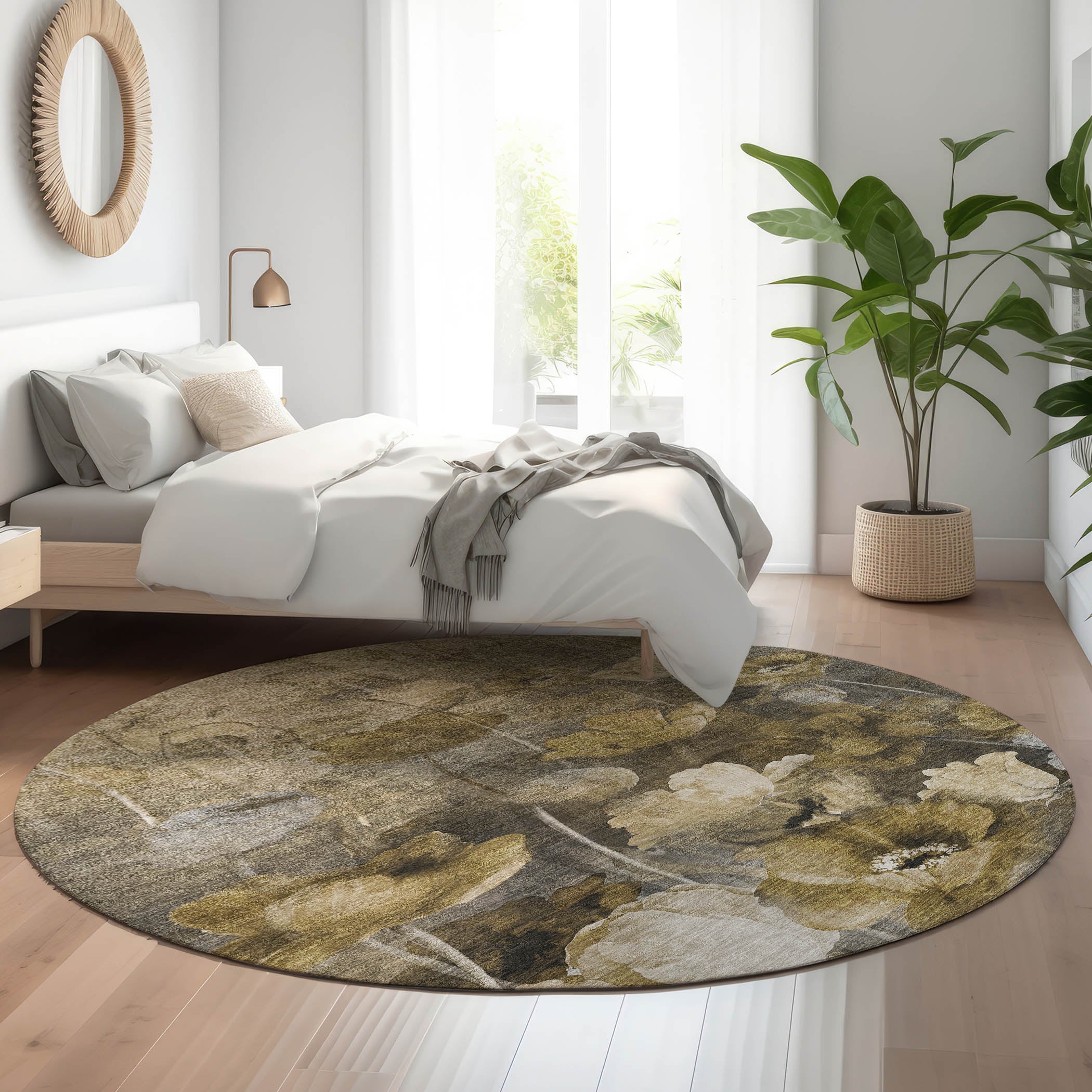 Bern Machine Washable Transitional Taupe Brown Rug 8' x 8' #shape_Round