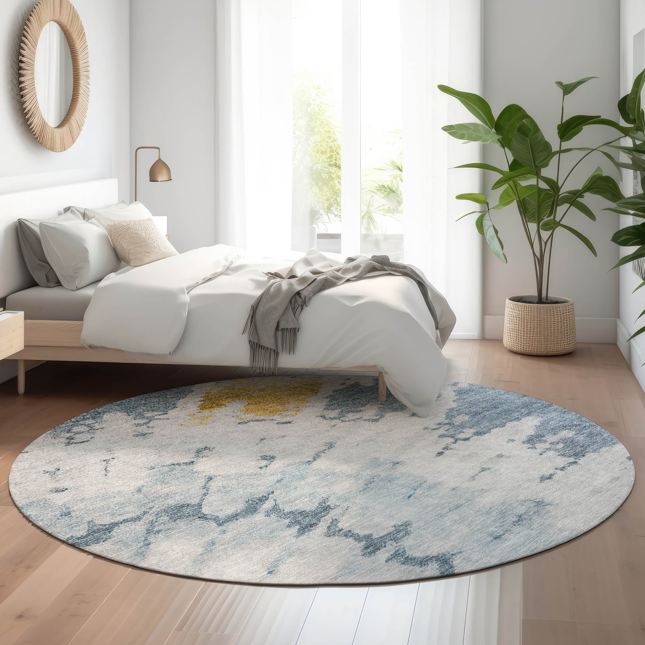 Lucerne Machine Washable Transitional Blue Rug 8' x 8' #shape_Round