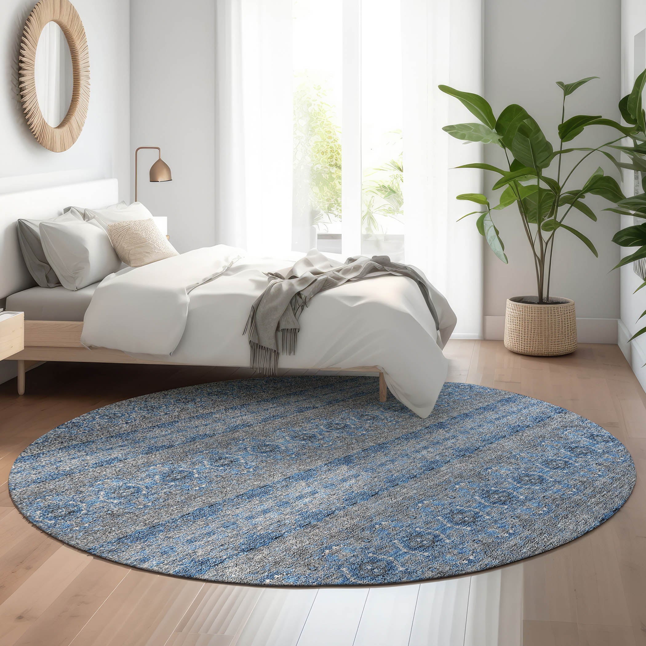 Marrakech Machine Washable Transitional Navy Blue Rug 8' x 8' #shape_Round