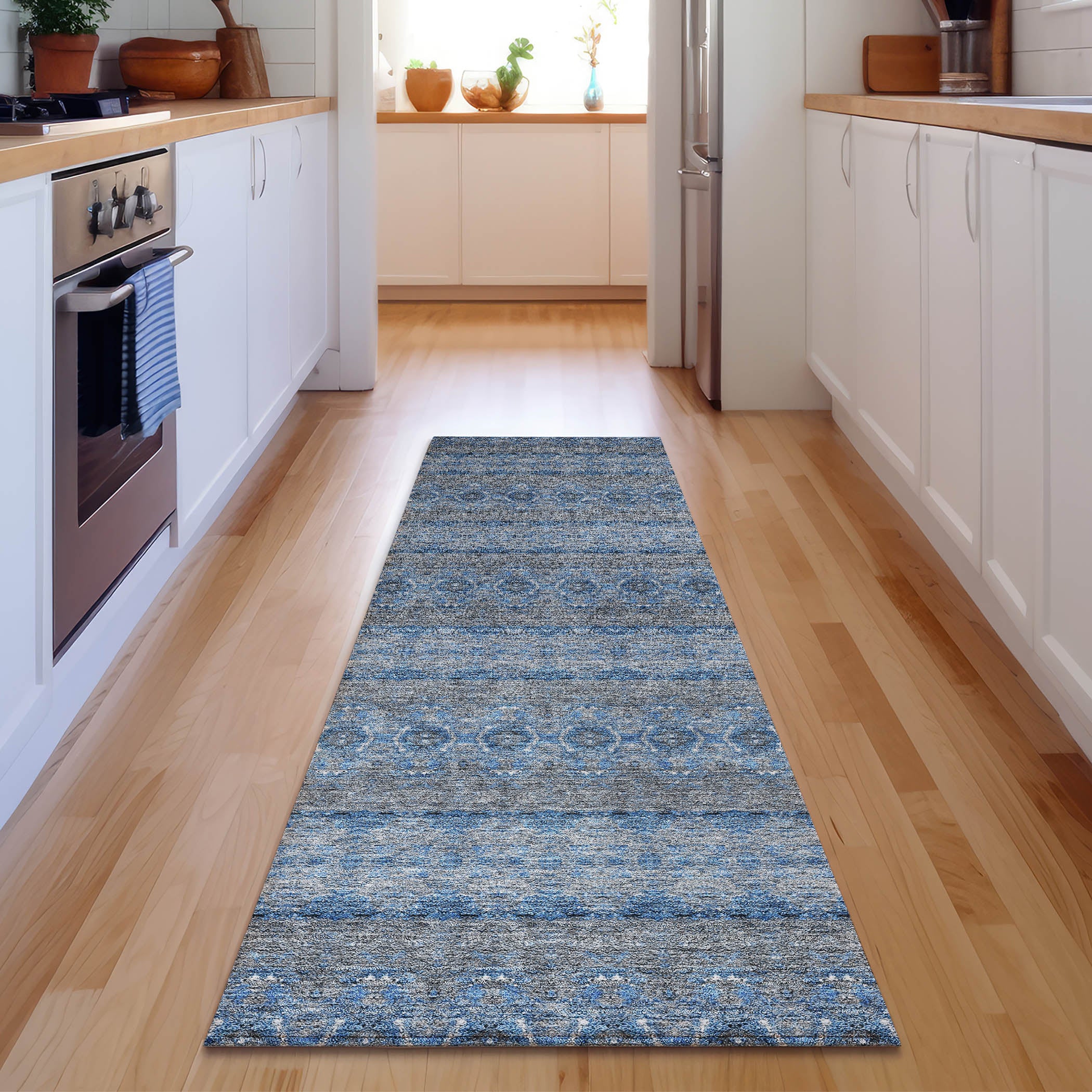 Marrakech Machine Washable Transitional Navy Blue Rug 2'3" x 7'6" #shape_Runner