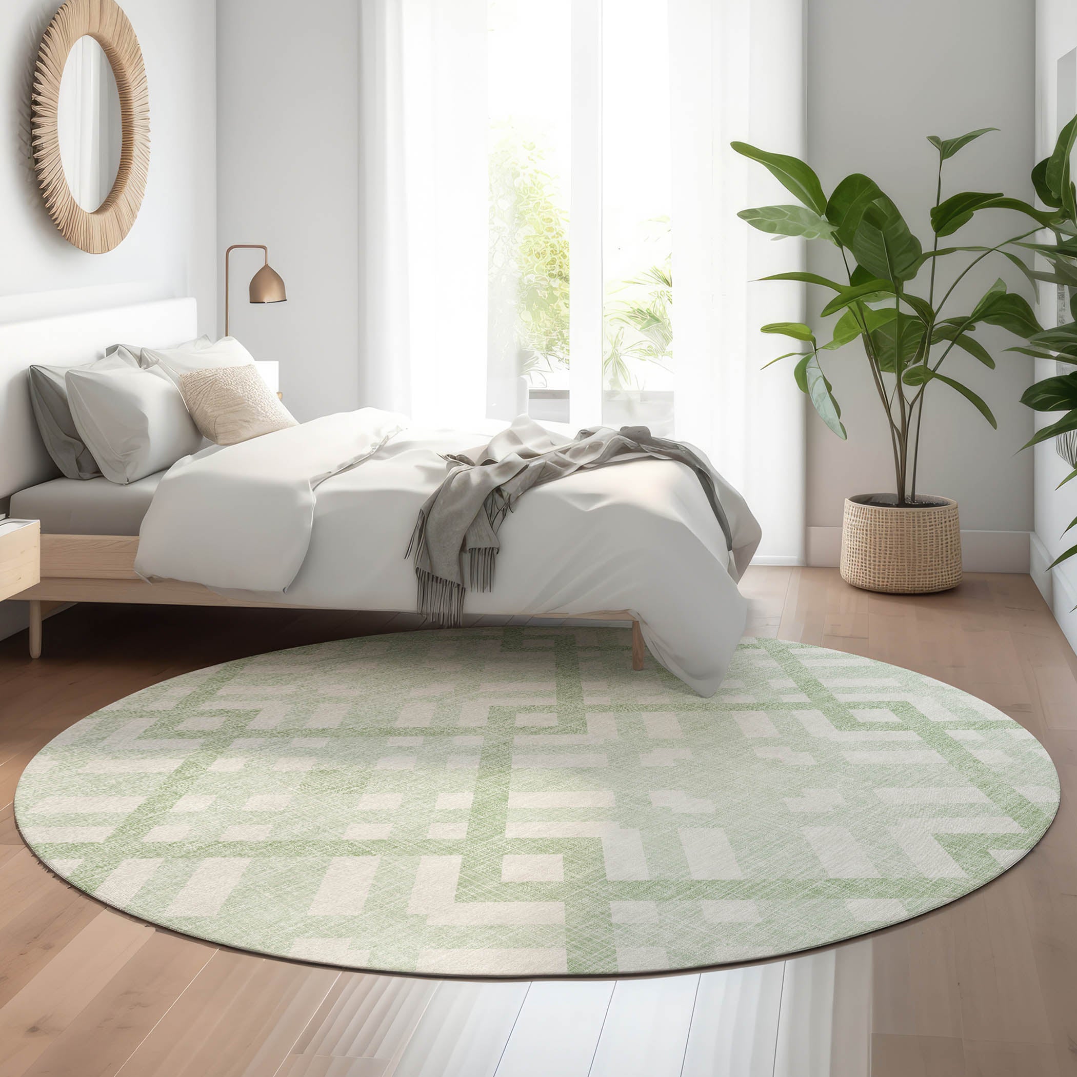 Kathmandu Machine Washable Transitional Mint Green Rug 8' x 8' #shape_Round