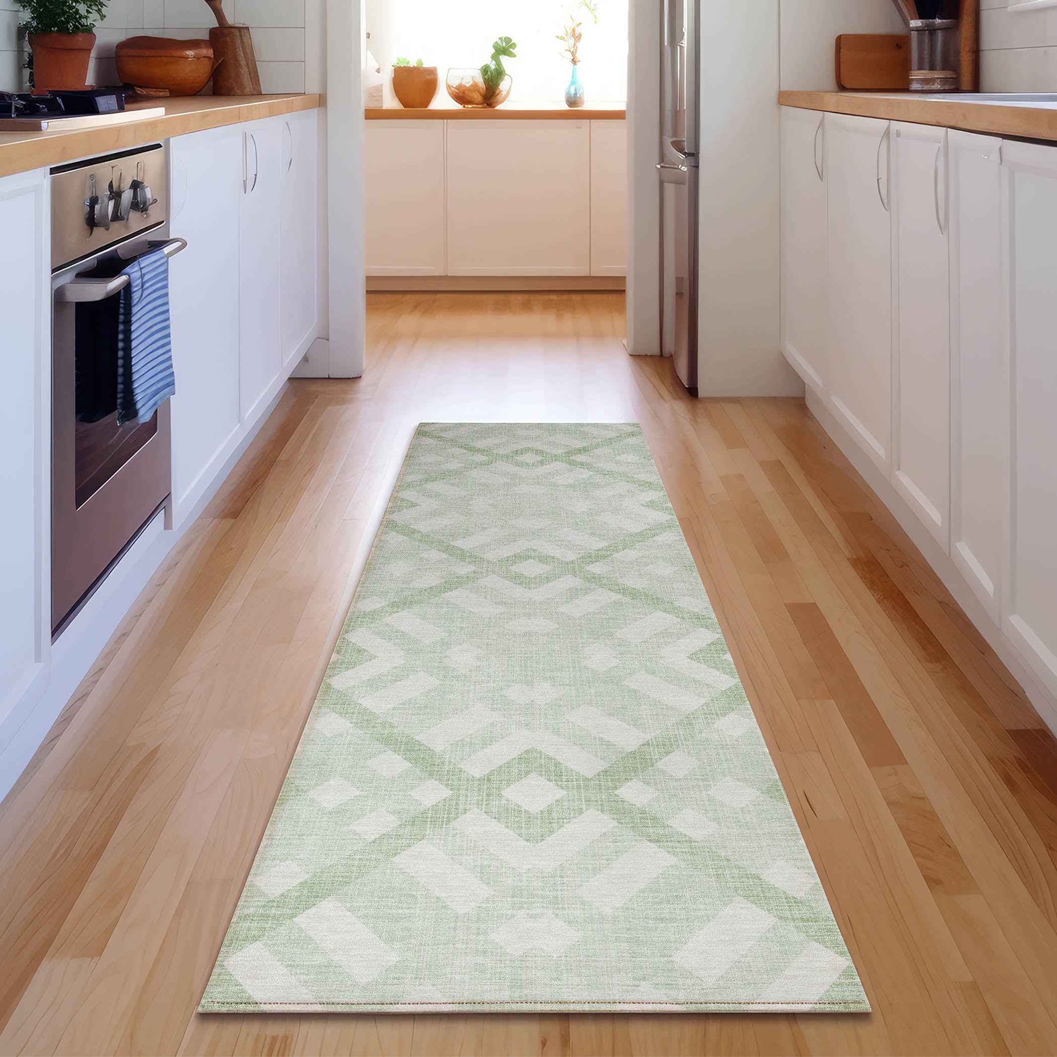 Kathmandu Machine Washable Transitional Mint Green Rug 2'3" x 7'6" #shape_Runner