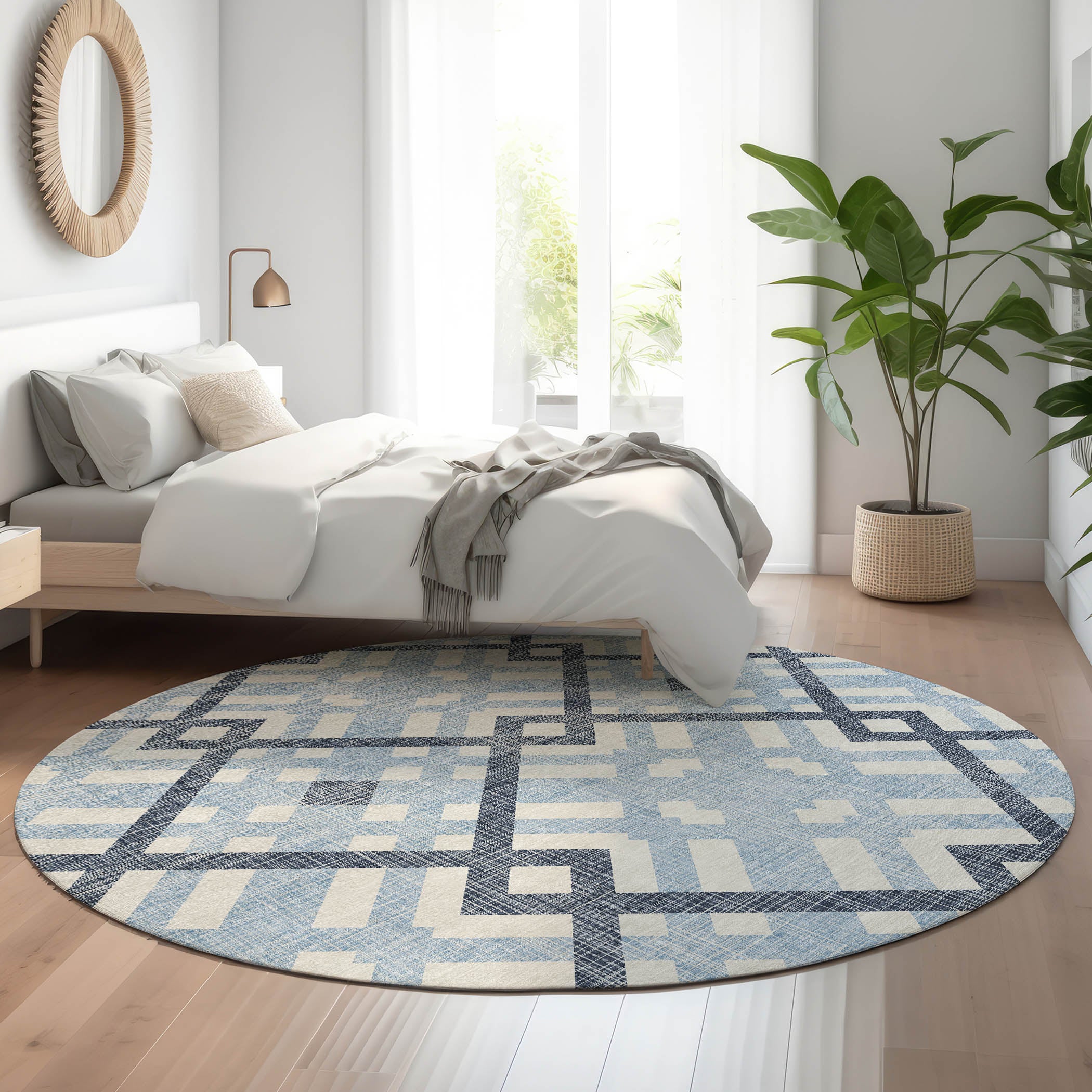 Kathmandu Machine Washable Transitional Sky Blue Rug 8' x 8' #shape_Round