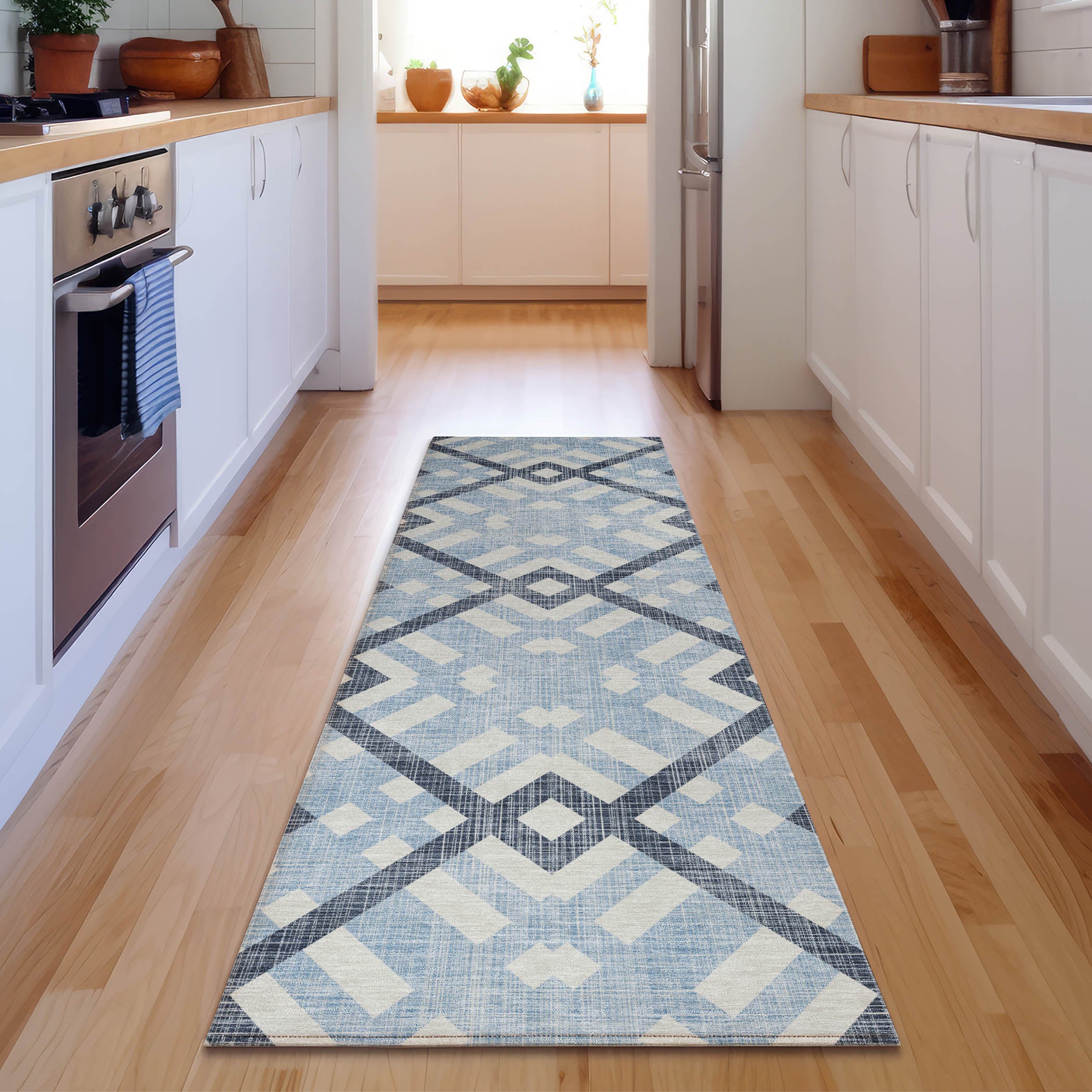 Kathmandu Machine Washable Transitional Sky Blue Rug 2'3" x 7'6" #shape_Runner