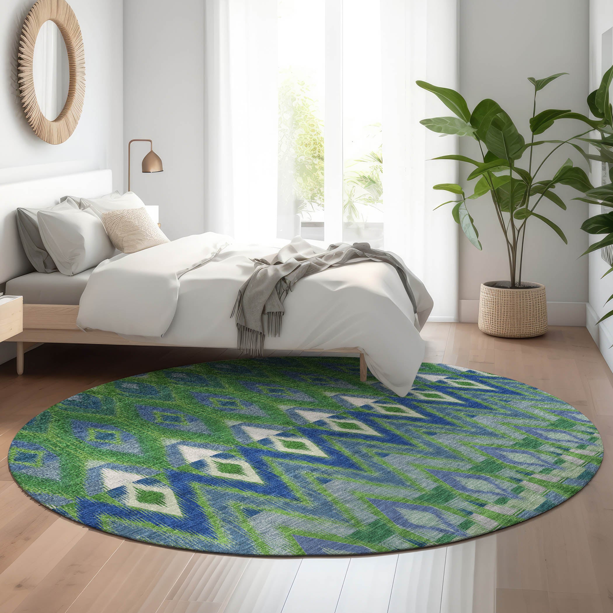 Bogota Machine Washable Transitional Green Rug 8' x 8' #shape_Round