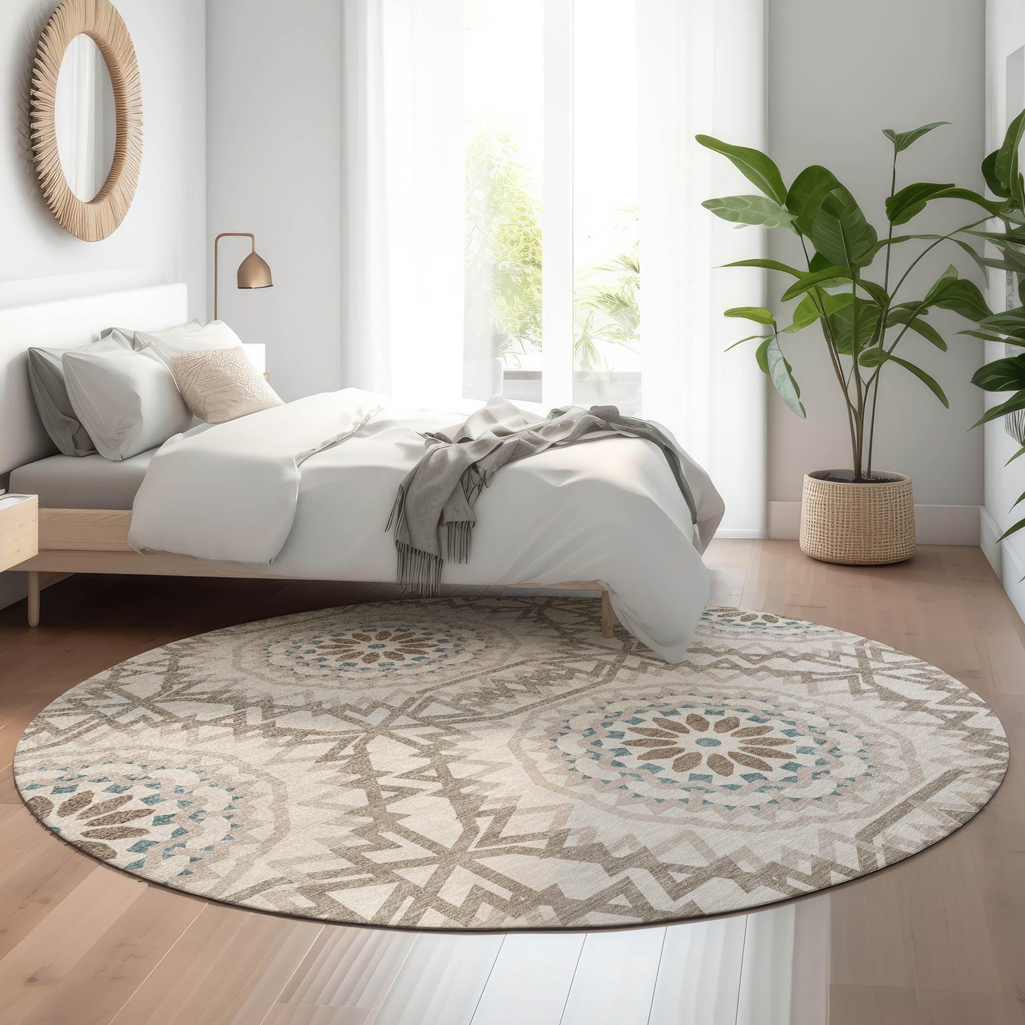 Antigua Machine Washable Transitional Beige Brown Rug 8' x 8' #shape_Round
