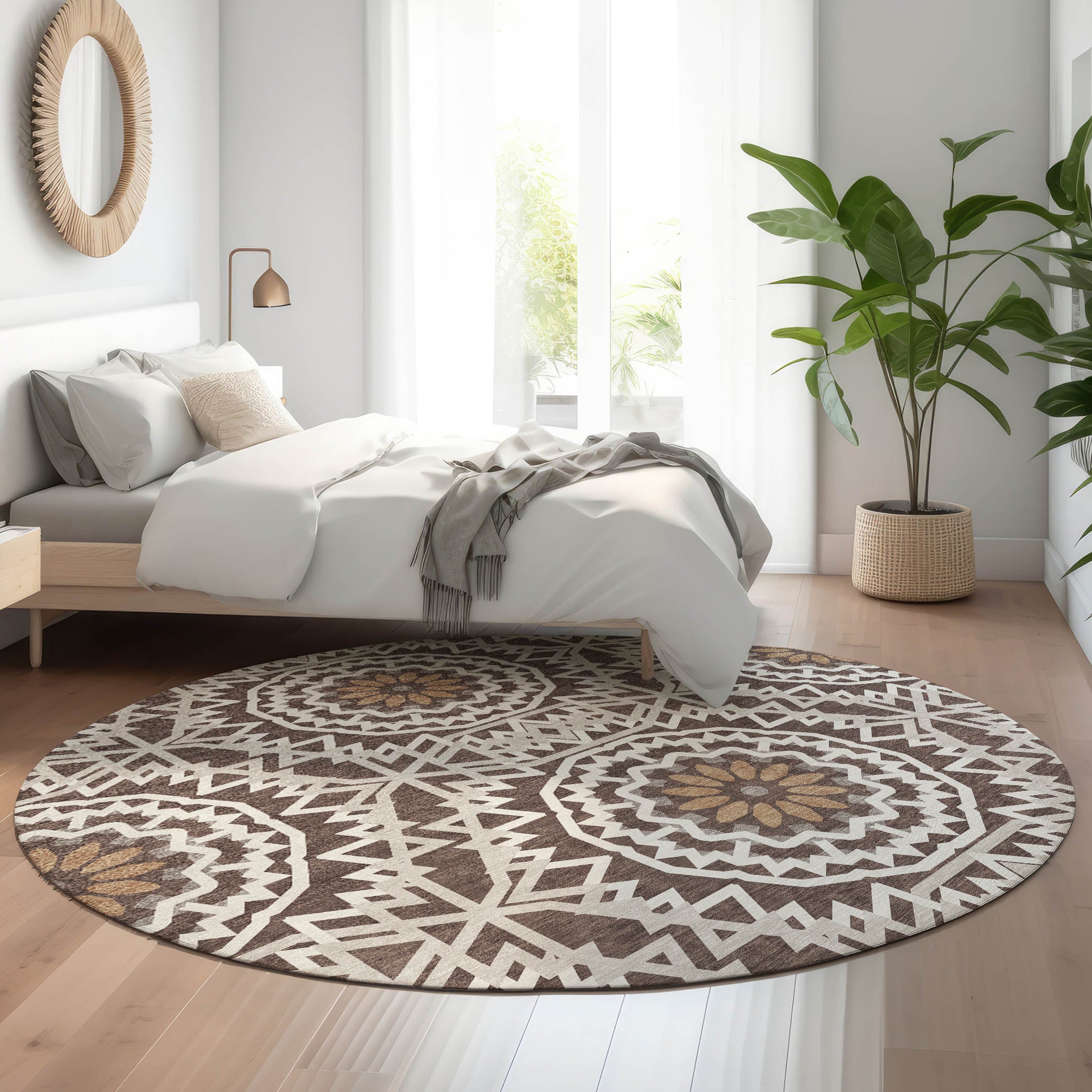 Antigua Machine Washable Transitional Chocolate Brown Rug 8' x 8' #shape_Round