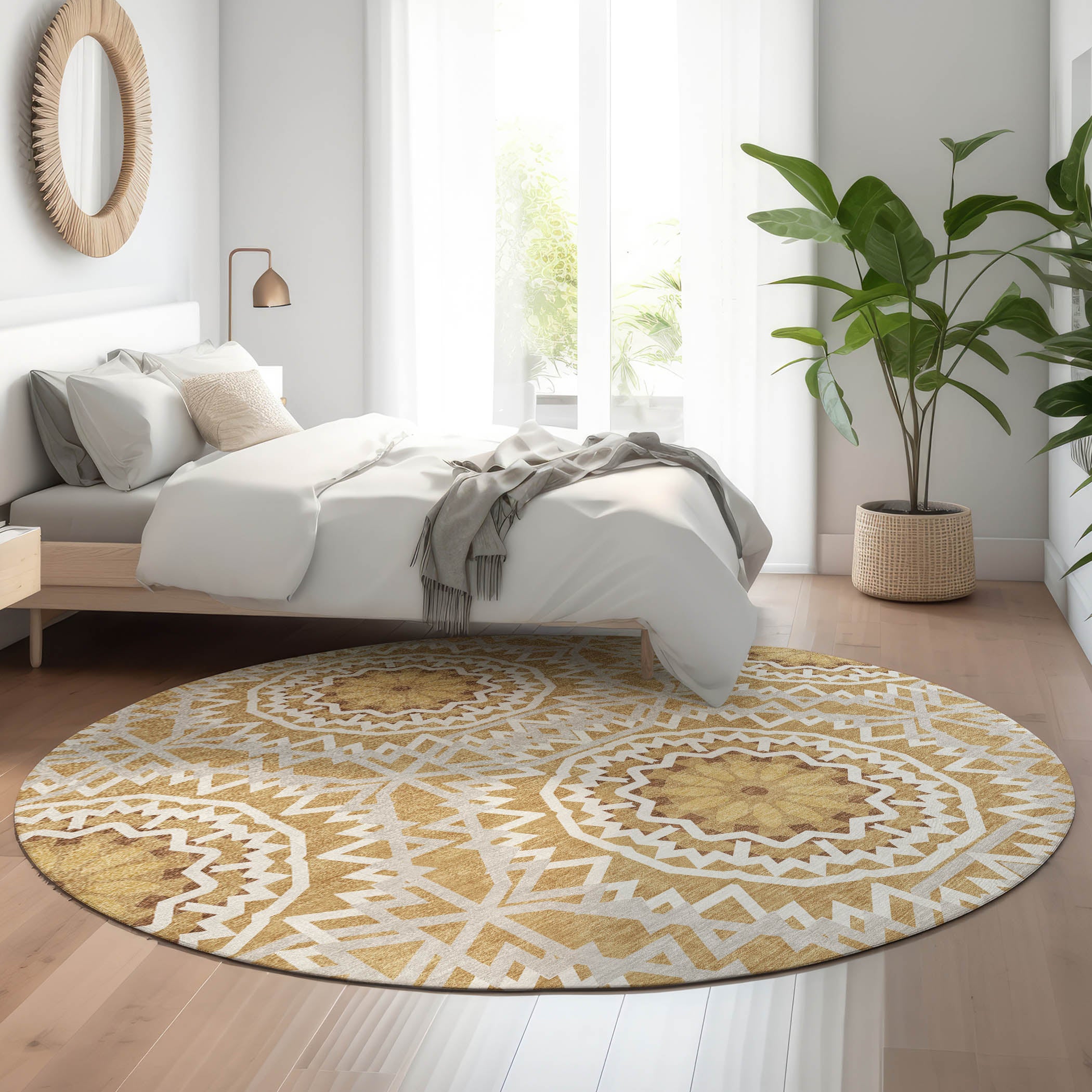 Antigua Machine Washable Transitional Gold Rug 8' x 8' #shape_Round