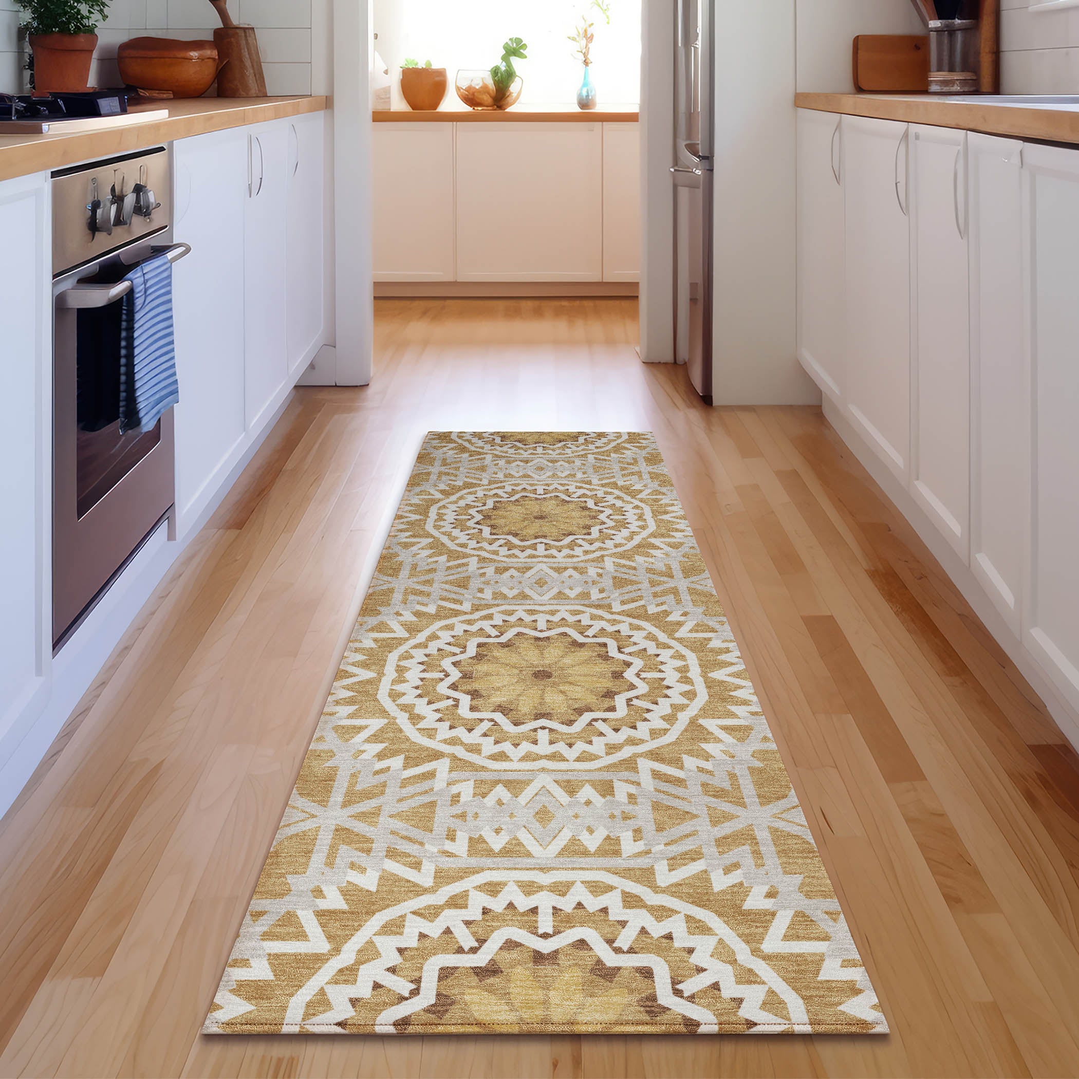 Antigua Machine Washable Transitional Gold Rug 2'3" x 7'6" #shape_Runner