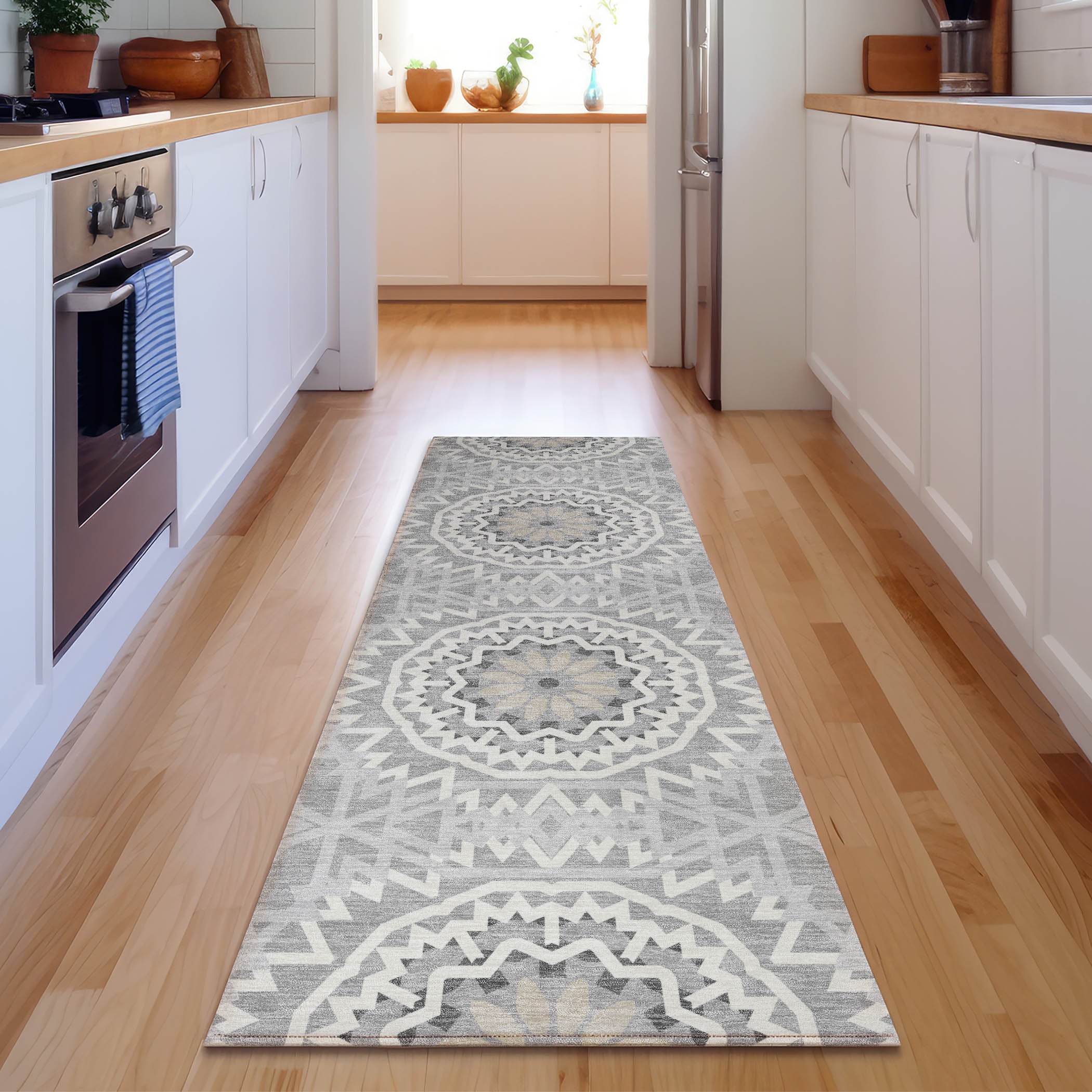 Antigua Machine Washable Transitional Gray Rug 2'3" x 7'6" #shape_Runner