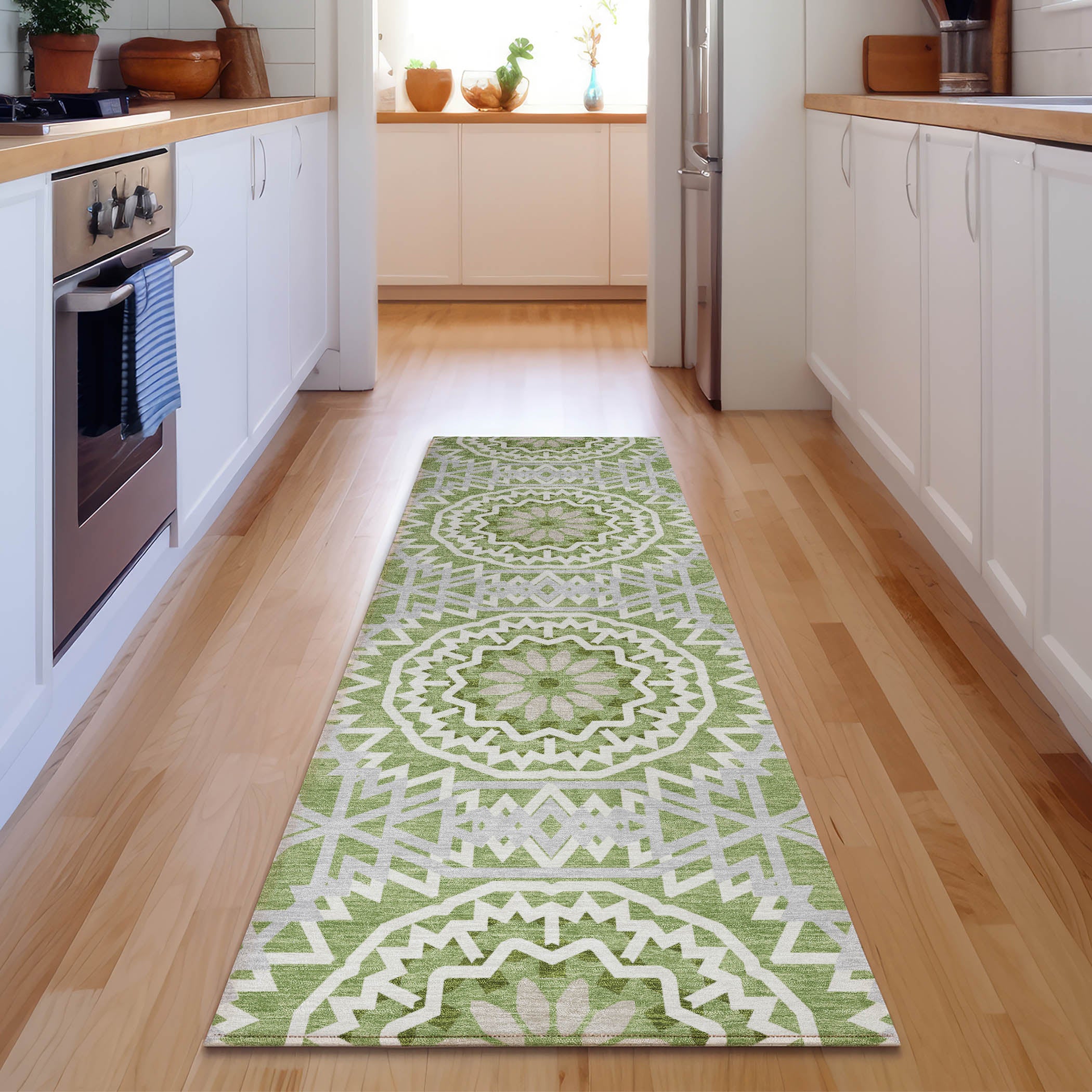 Antigua Machine Washable Transitional Green Rug 2'3" x 7'6" #shape_Runner