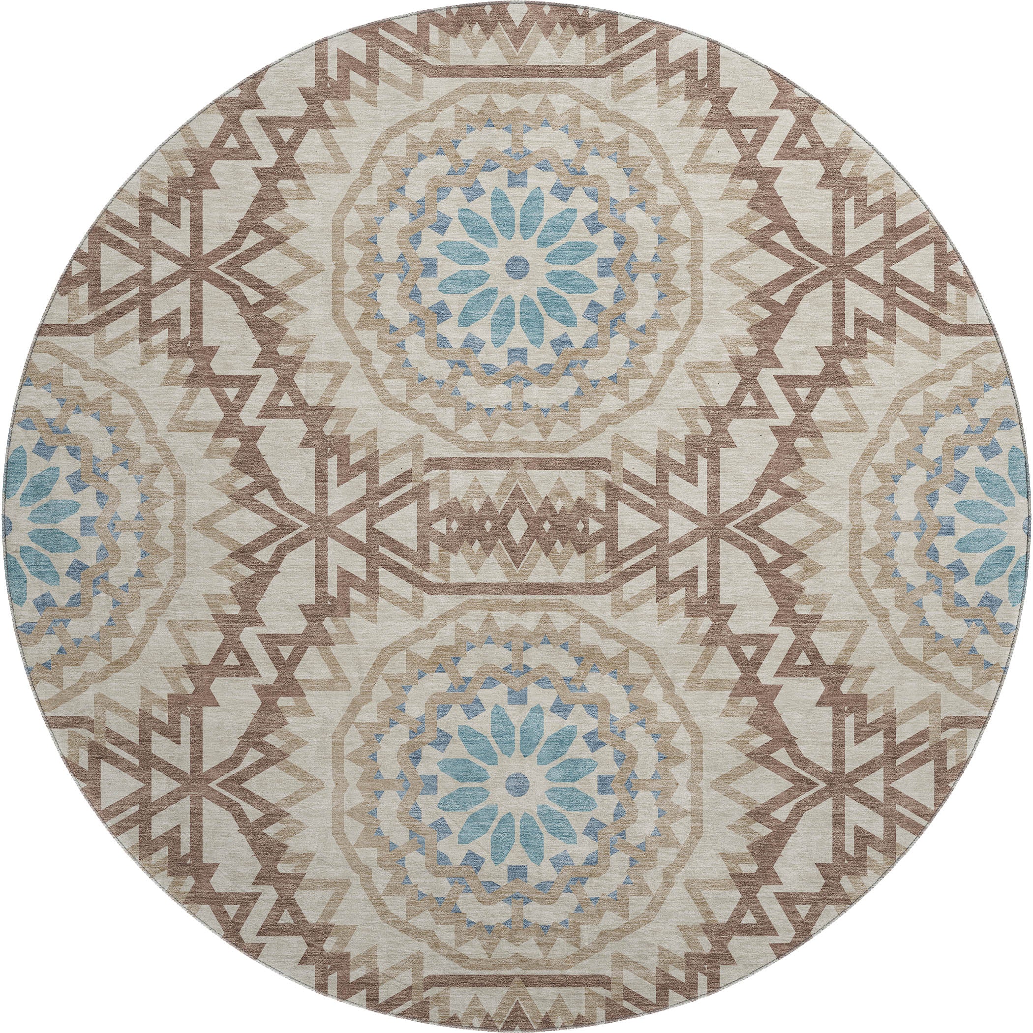 Antigua Machine Washable Transitional Khaki Brown Rug 8' x 8' #shape_Round