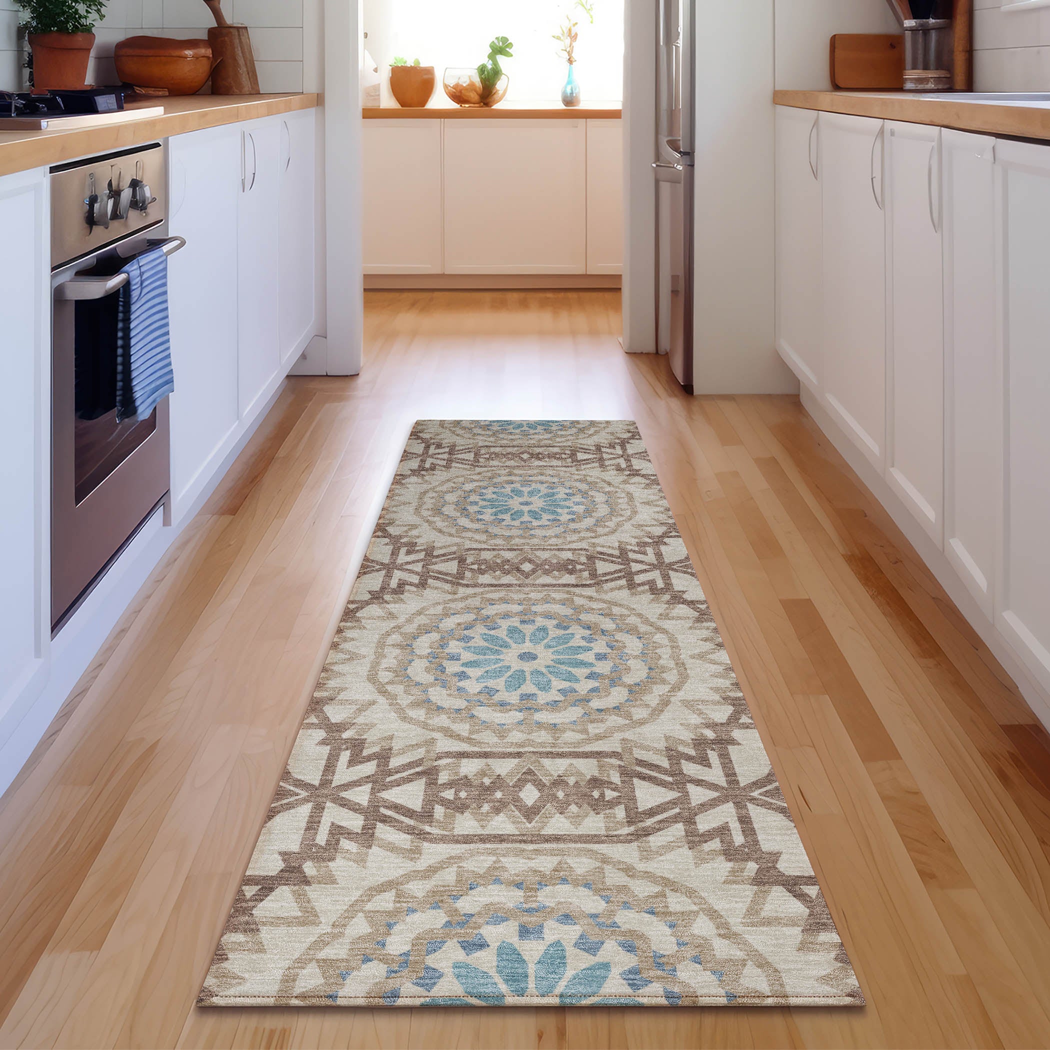 Antigua Machine Washable Transitional Khaki Brown Rug 2'3" x 7'6" #shape_Runner