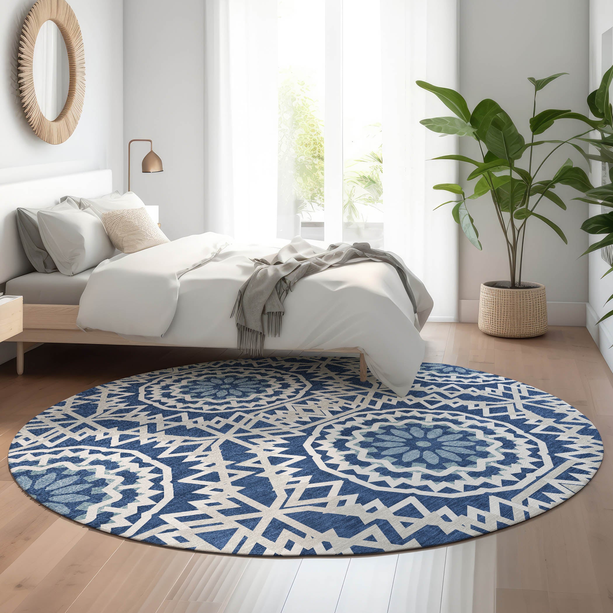 Antigua Machine Washable Transitional Navy Blue Rug 8' x 8' #shape_Round