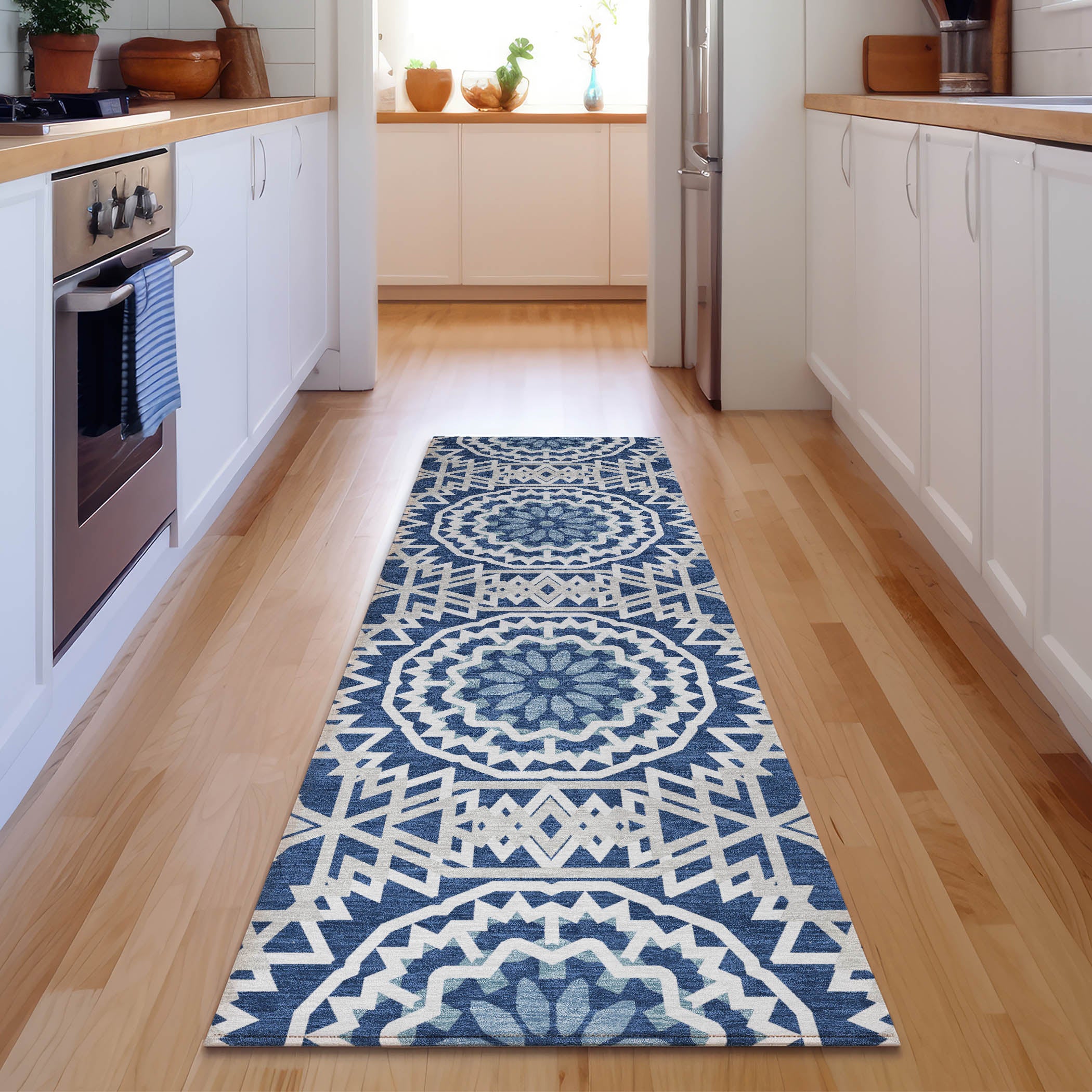 Antigua Machine Washable Transitional Navy Blue Rug 2'3" x 7'6" #shape_Runner