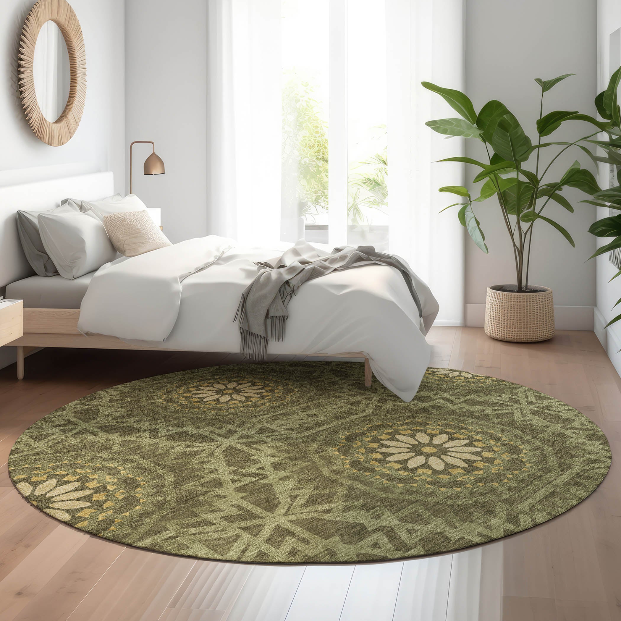 Antigua Machine Washable Transitional Olive Green Rug 8' x 8' #shape_Round