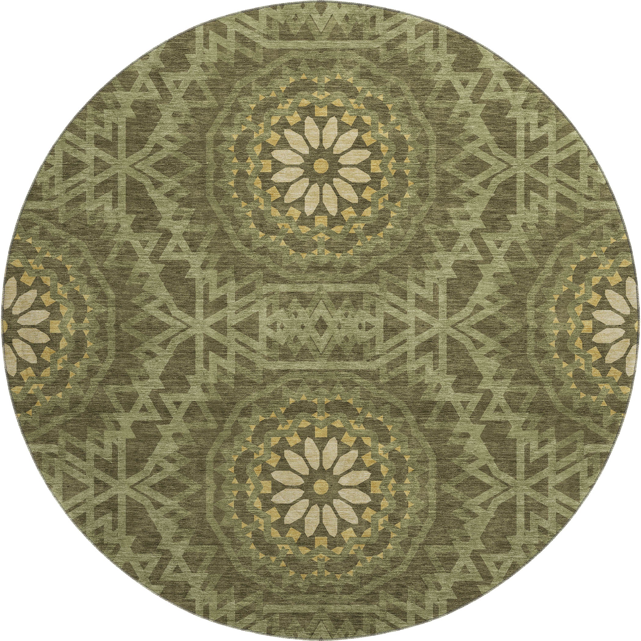 Antigua Machine Washable Transitional Olive Green Rug 8' x 8' #shape_Round