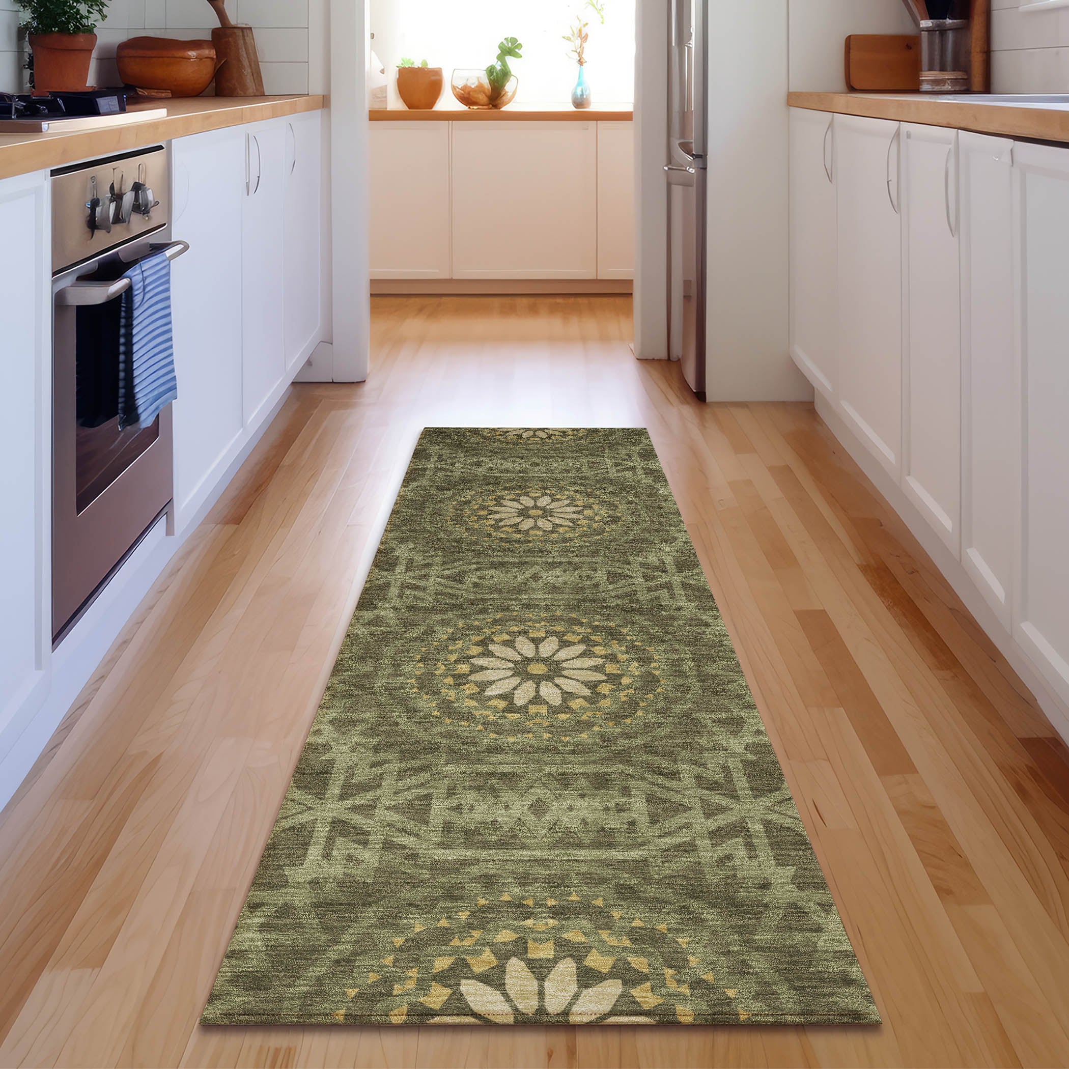 Antigua Machine Washable Transitional Olive Green Rug 2'3" x 7'6" #shape_Runner