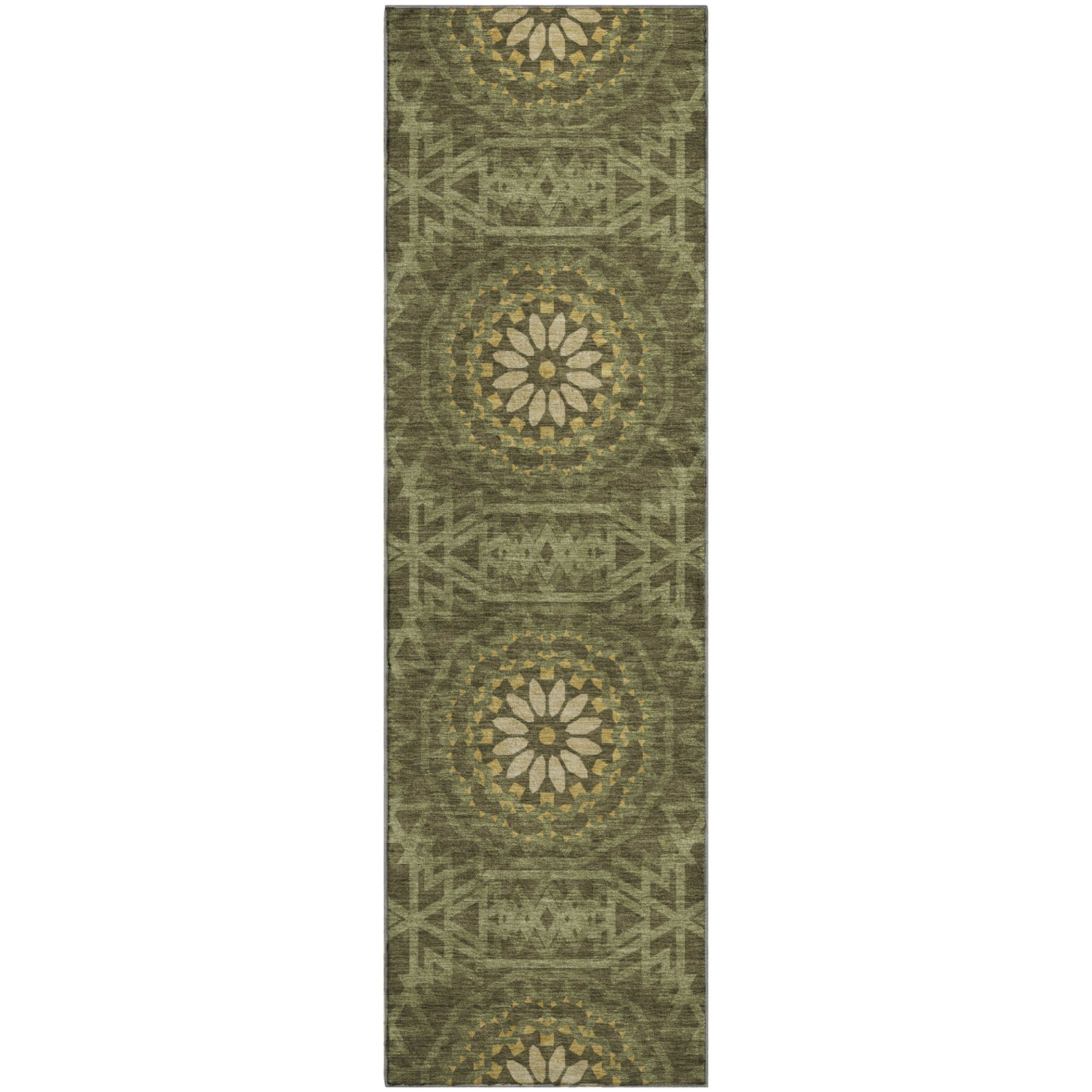 Antigua Machine Washable Transitional Olive Green Rug 2'3" x 7'6" #shape_Runner