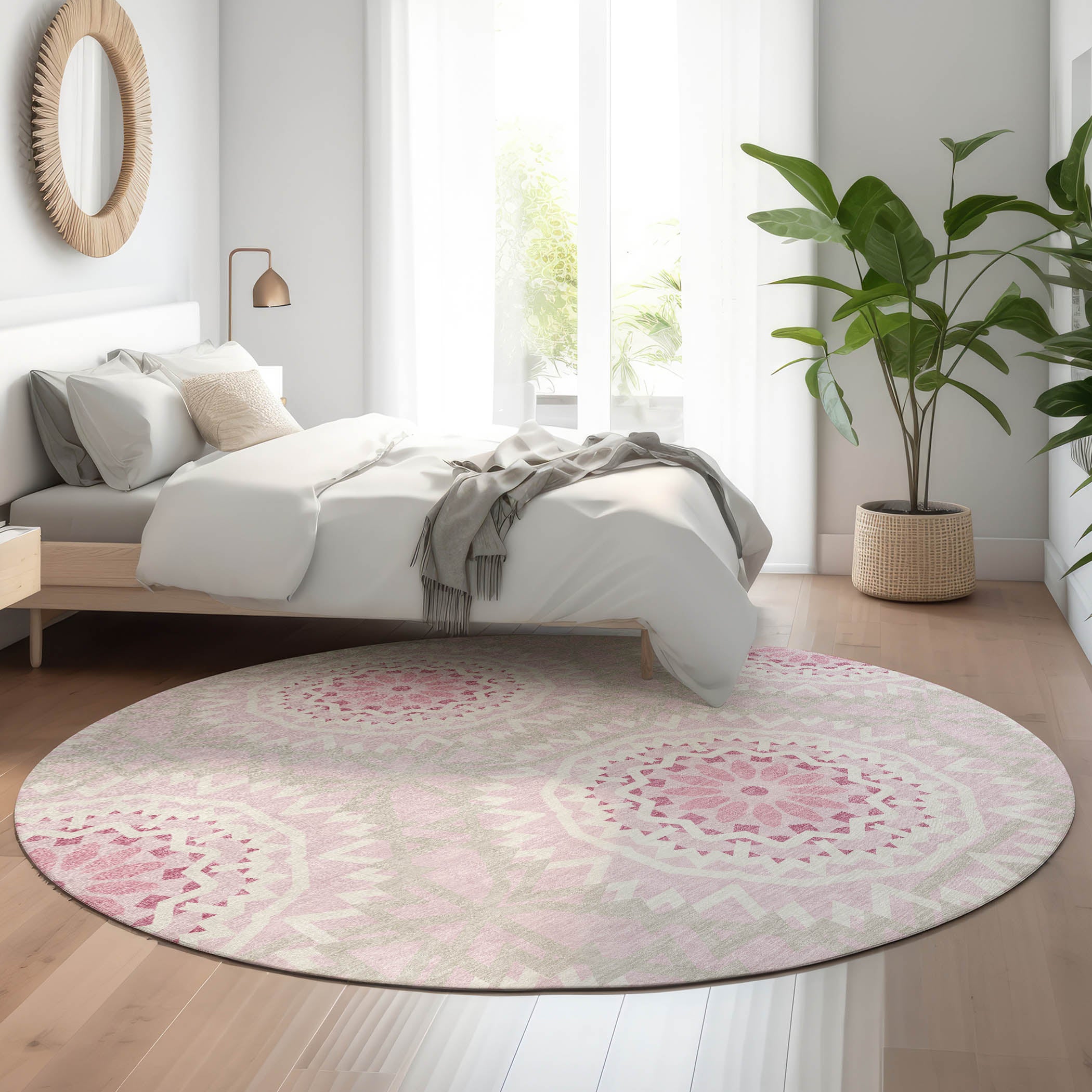 Antigua Machine Washable Transitional Pink Rug 8' x 8' #shape_Round