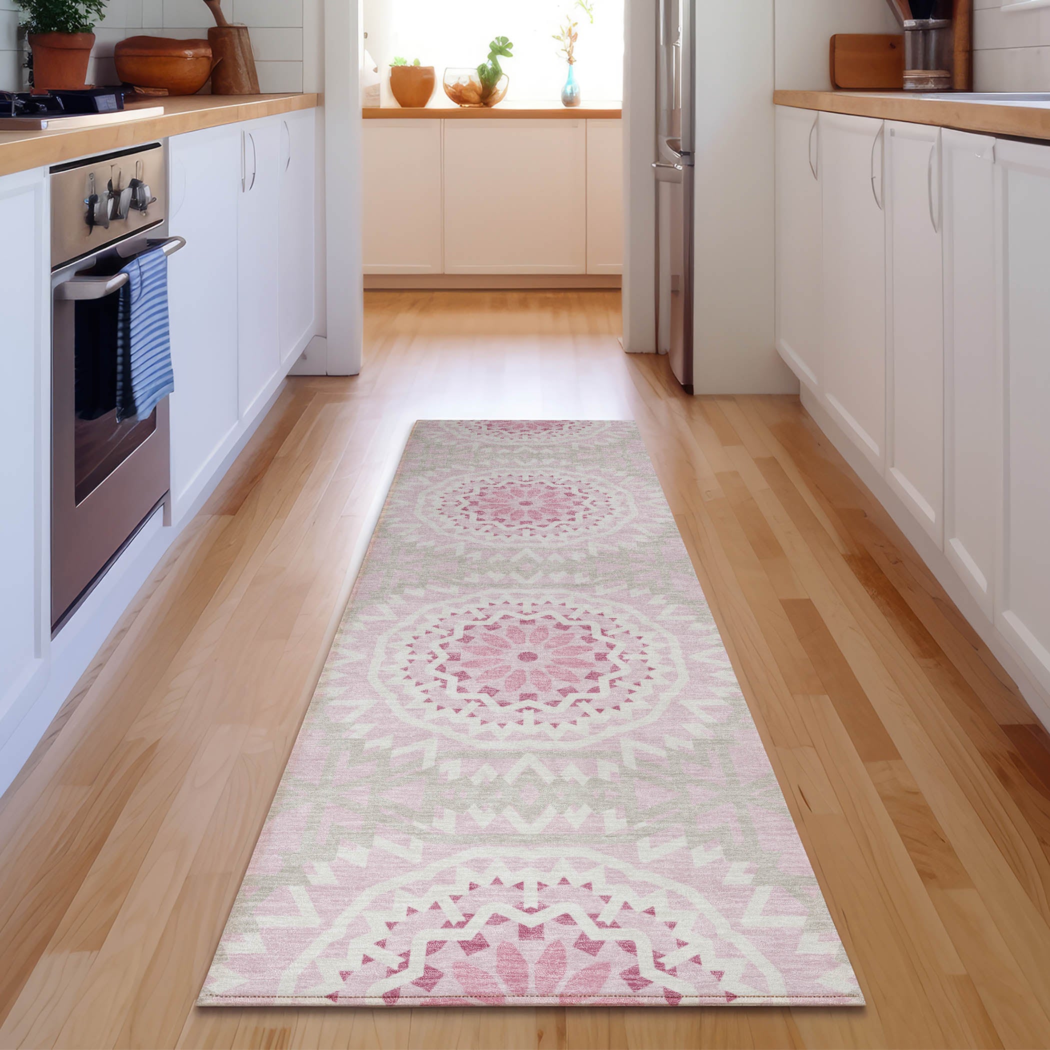 Antigua Machine Washable Transitional Pink Rug 2'3" x 7'6" #shape_Runner