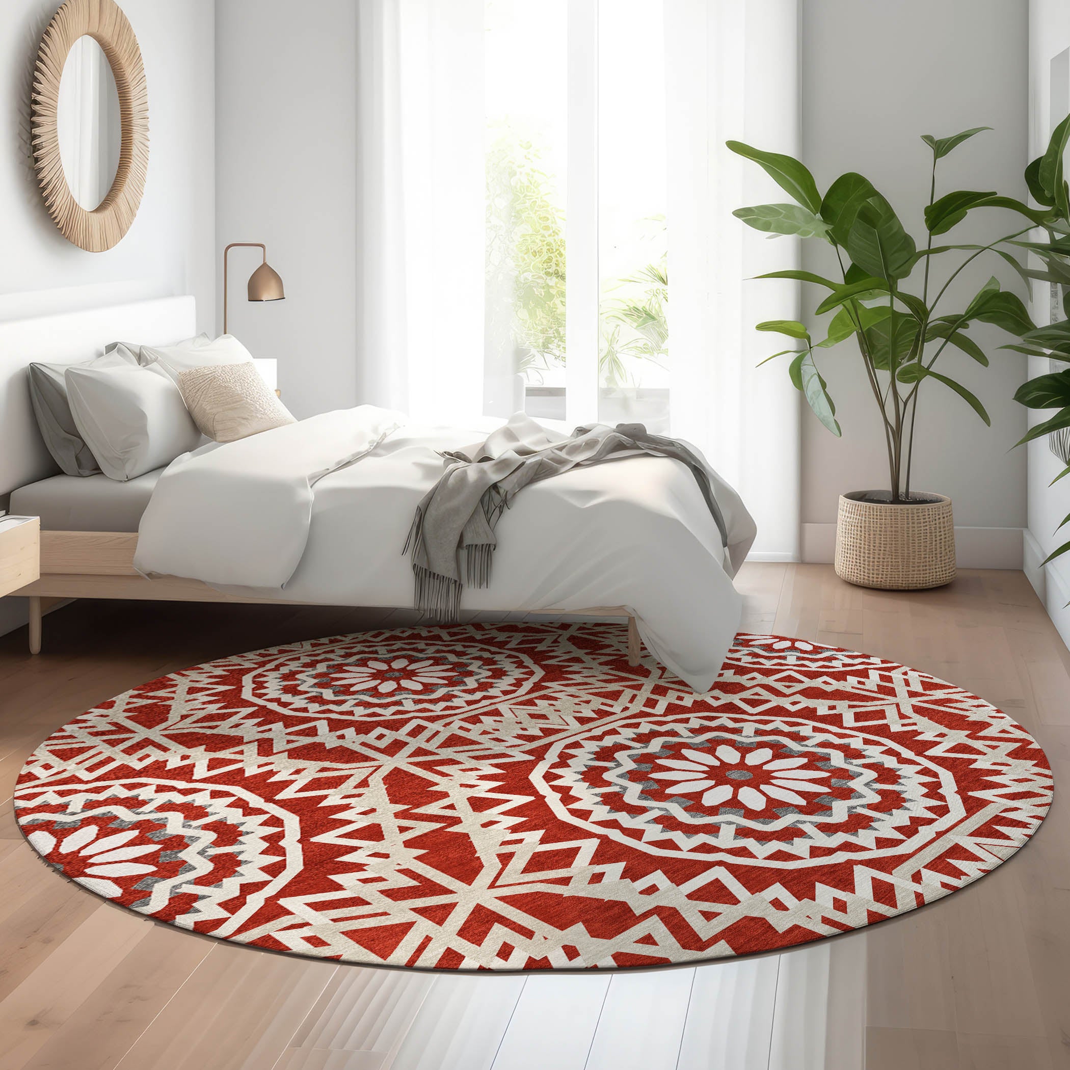 Antigua Machine Washable Transitional Red Rug 8' x 8' #shape_Round