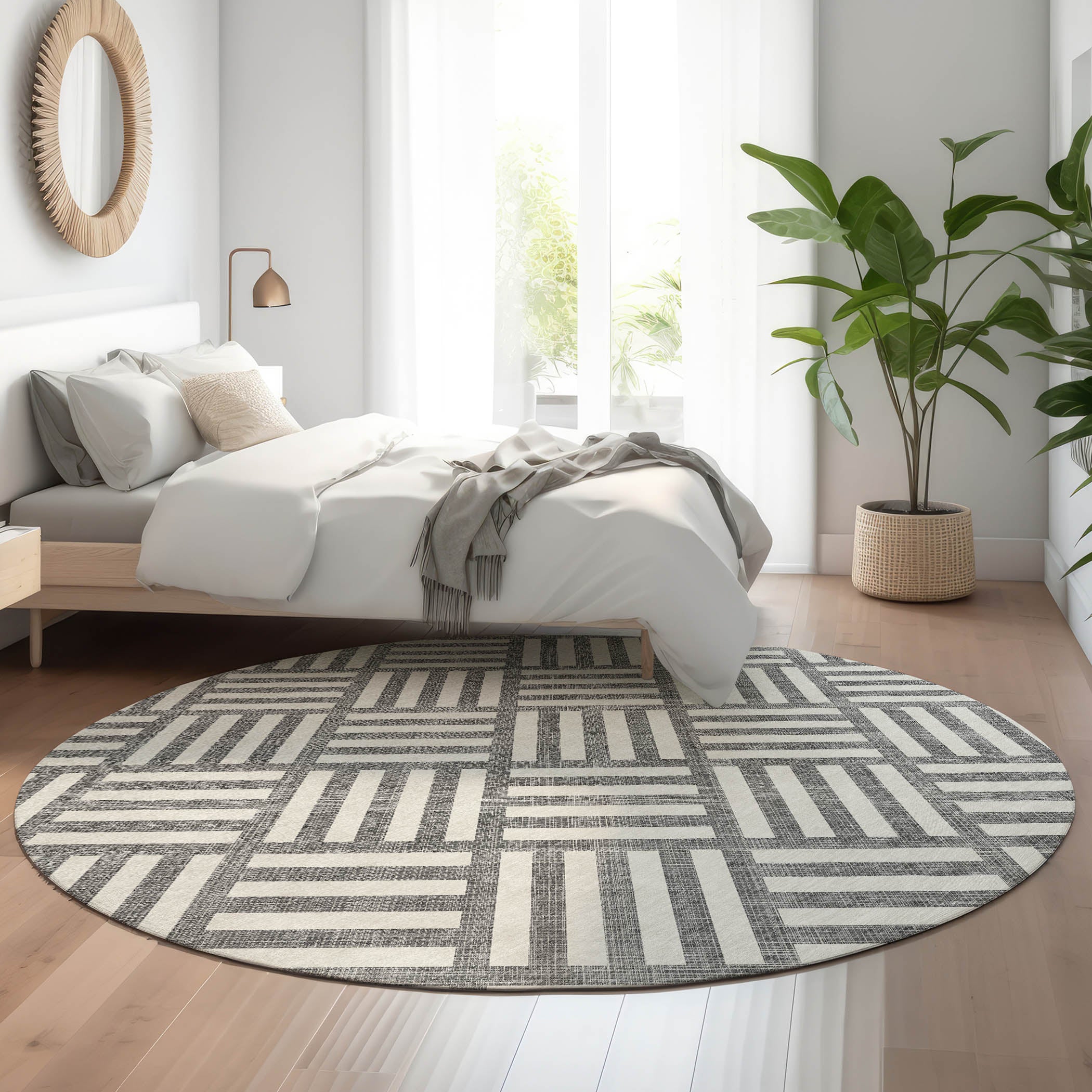 Kathmandu Machine Washable Transitional Charcoal Gray Rug 8' x 8' #shape_Round