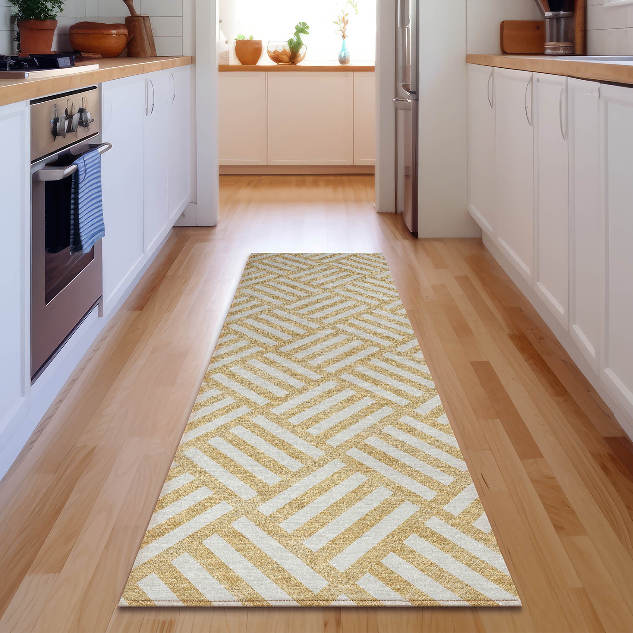 Kathmandu Machine Washable Transitional Gold Rug 2'3" x 7'6" #shape_Runner