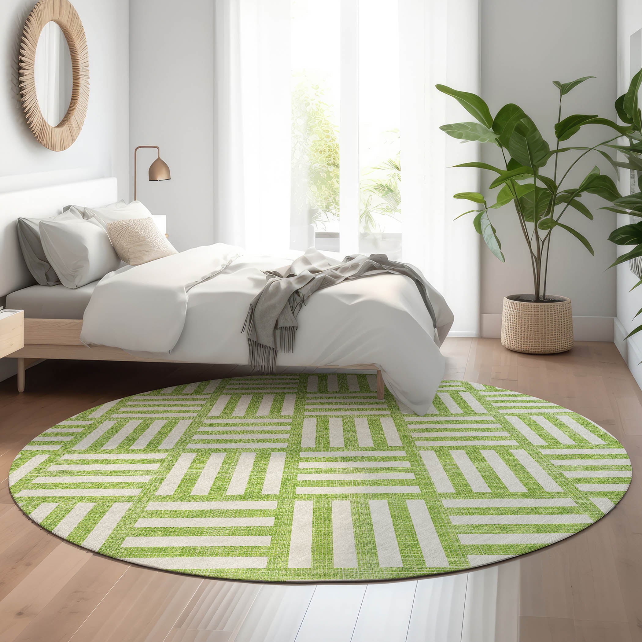 Kathmandu Machine Washable Transitional Lime Green Rug 8' x 8' #shape_Round