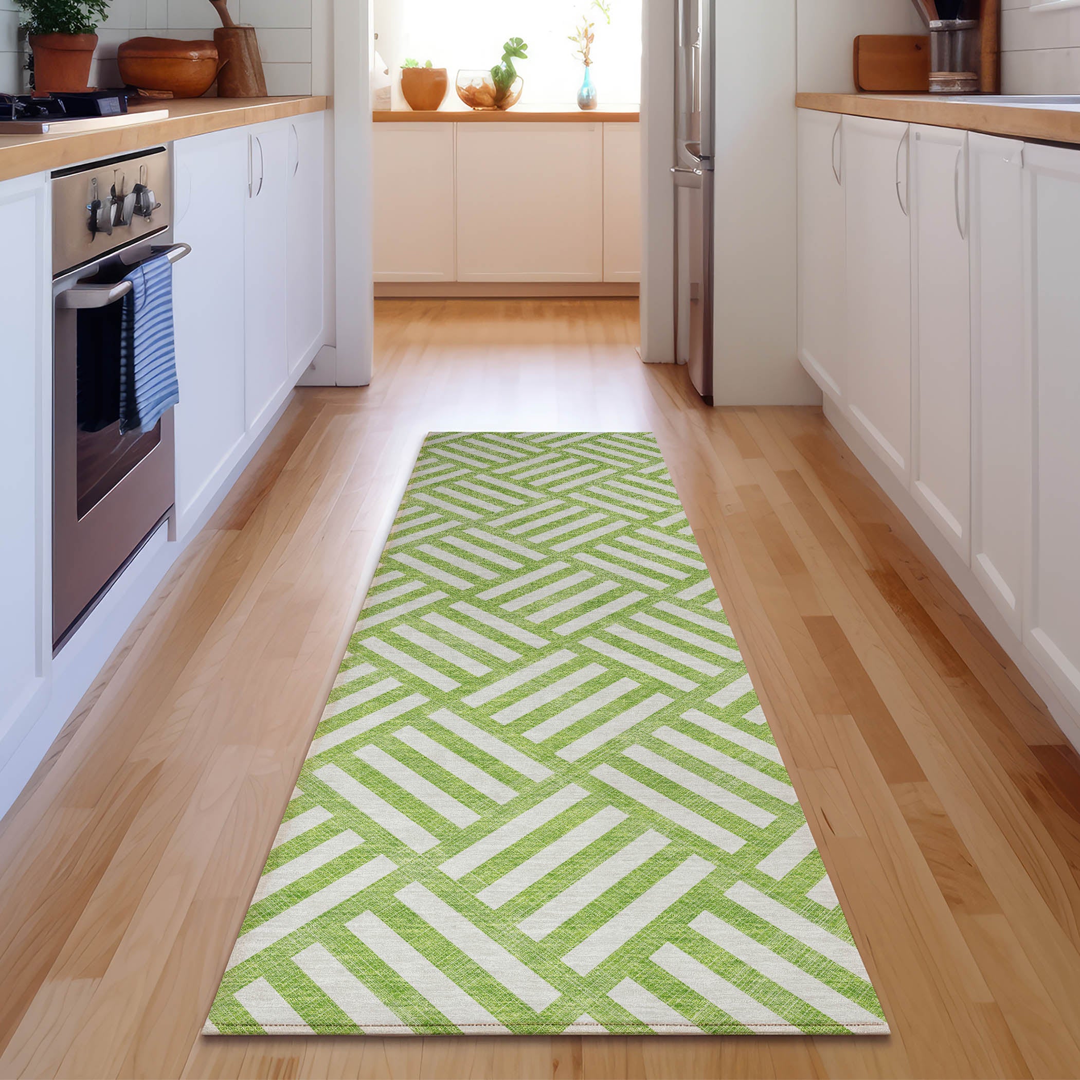 Kathmandu Machine Washable Transitional Lime Green Rug 2'3" x 7'6" #shape_Runner