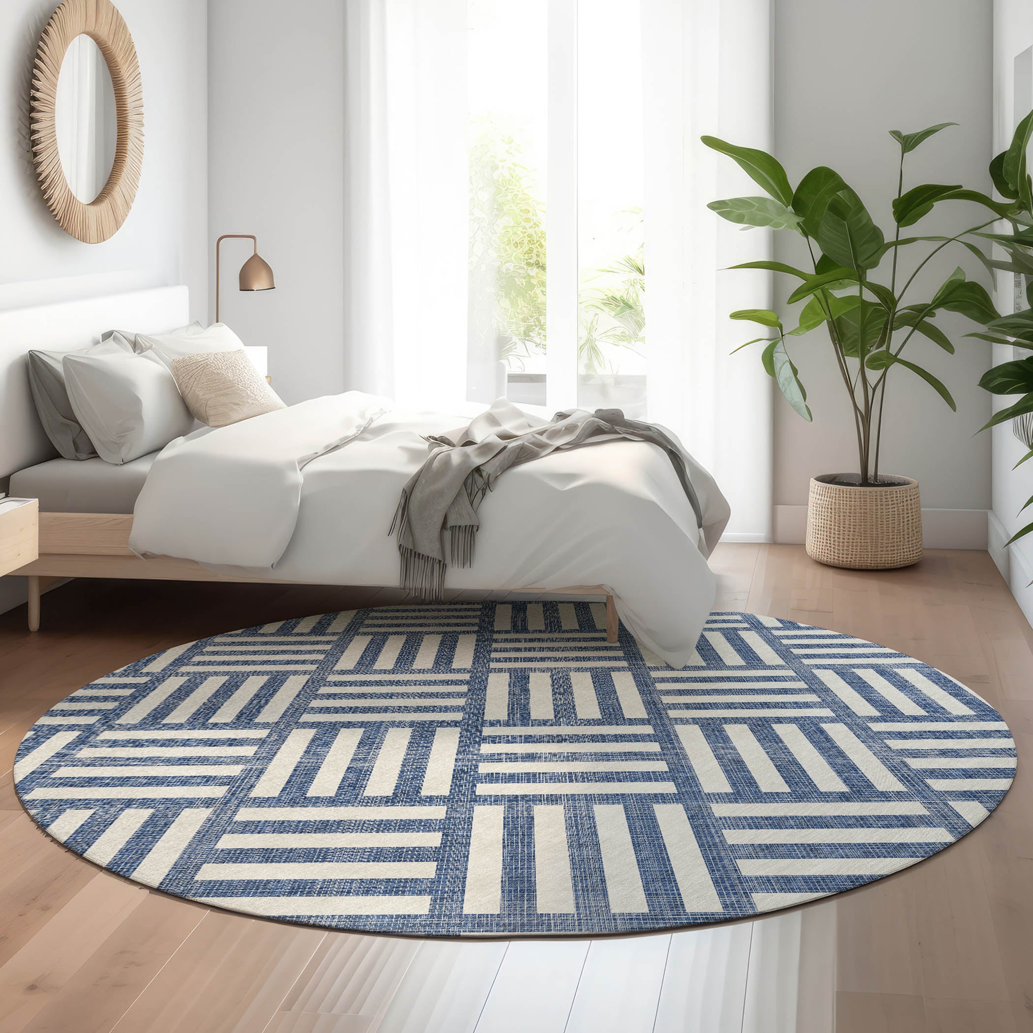 Kathmandu Machine Washable Transitional Navy Blue Rug 8' x 8' #shape_Round