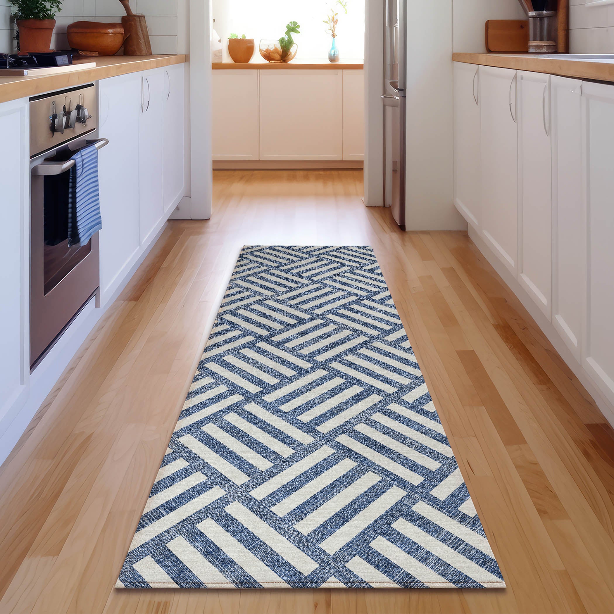Kathmandu Machine Washable Transitional Navy Blue Rug 2'3" x 7'6" #shape_Runner