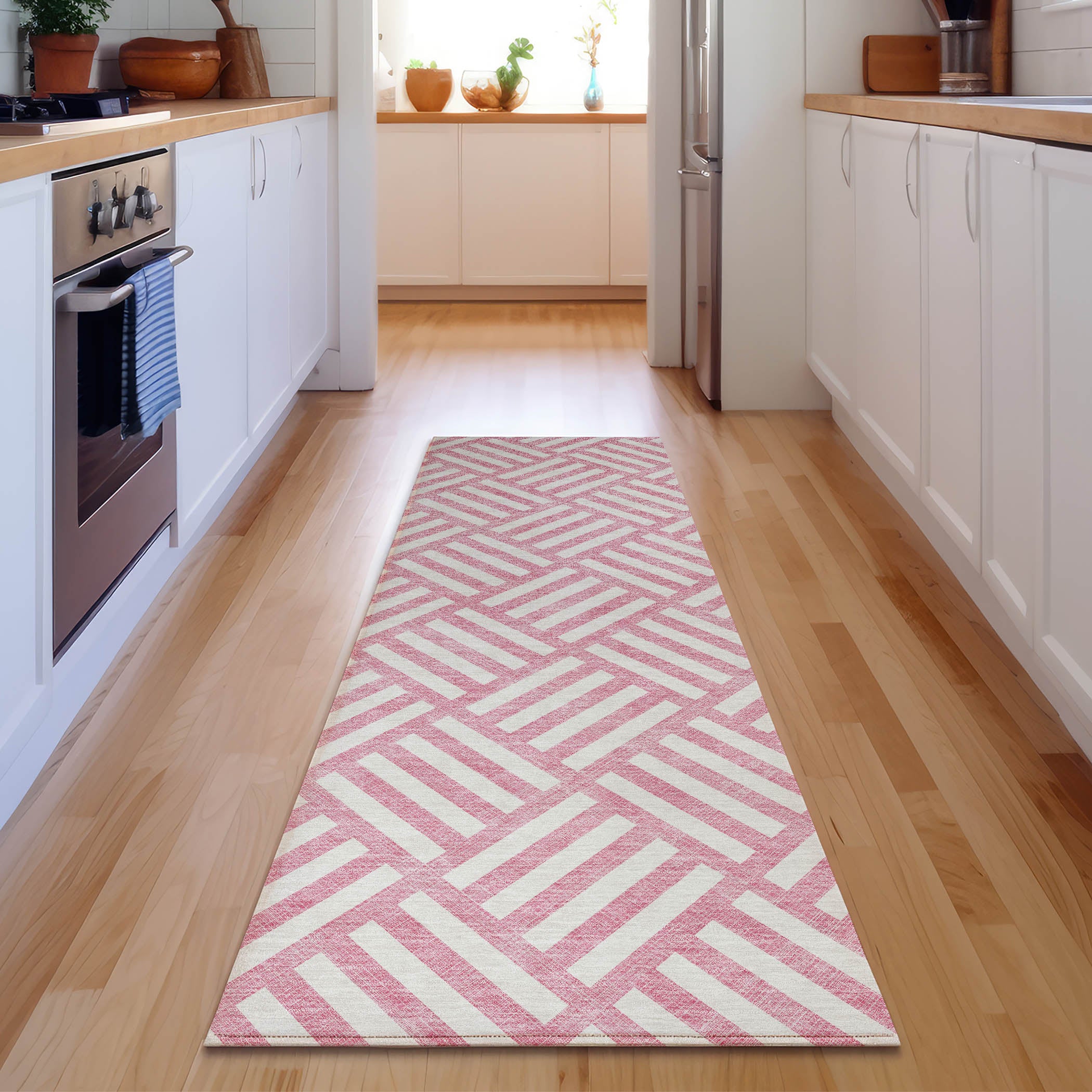 Kathmandu Machine Washable Transitional Pink Rug 2'3" x 7'6" #shape_Runner