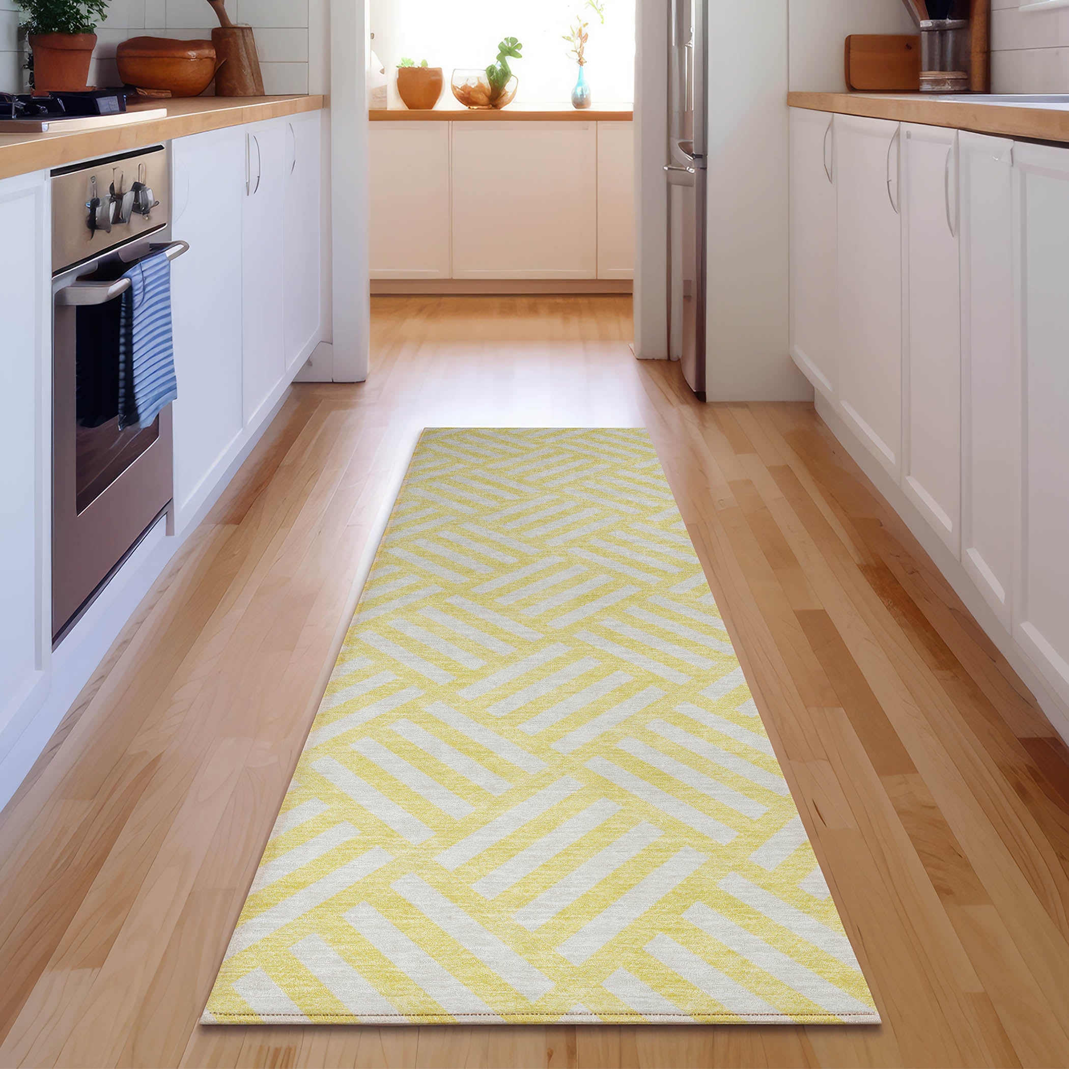 Kathmandu Machine Washable Transitional Yellow Gold Rug 2'3" x 7'6" #shape_Runner
