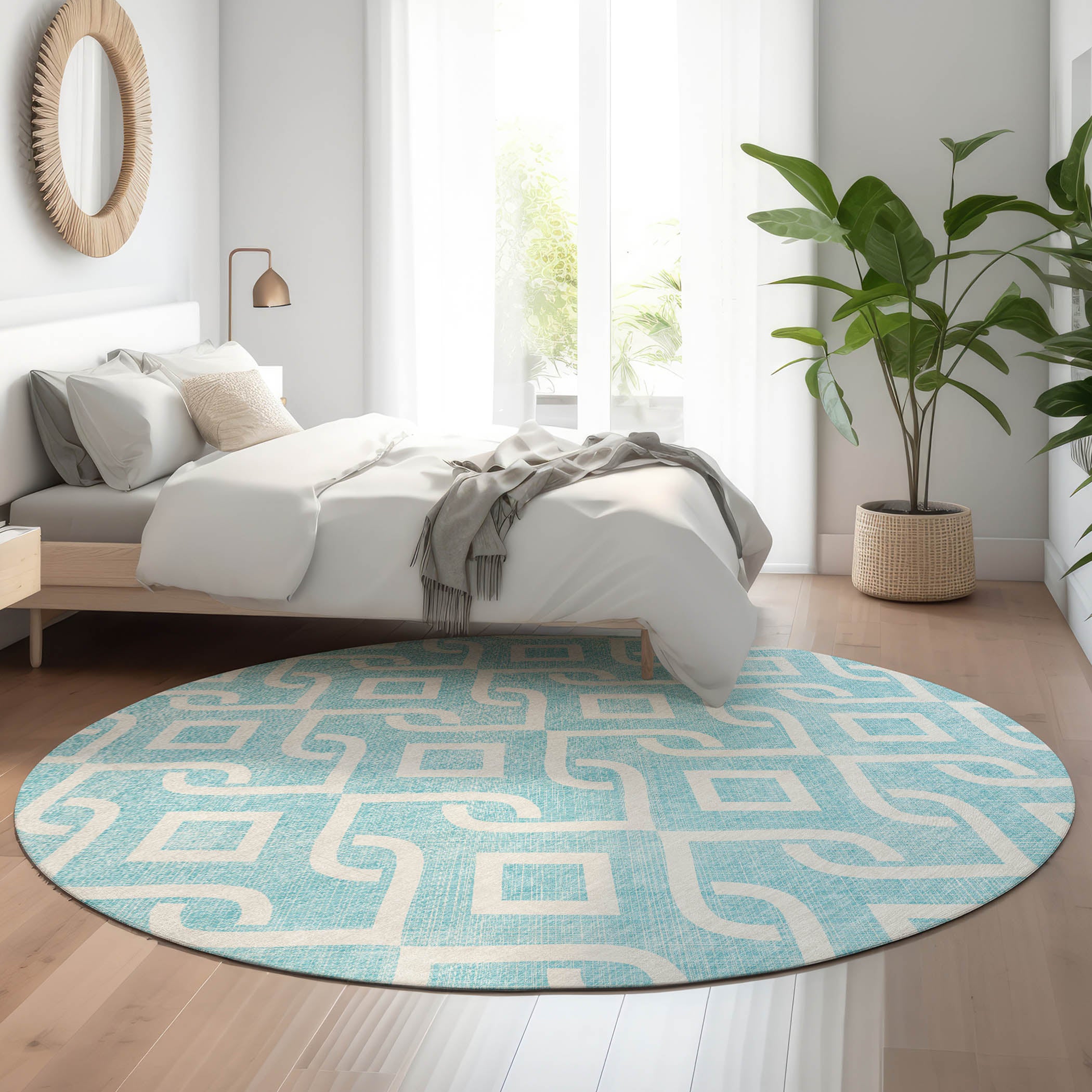 Mostar Machine Washable Transitional Aqua Teal Rug 8' x 8' #shape_Round
