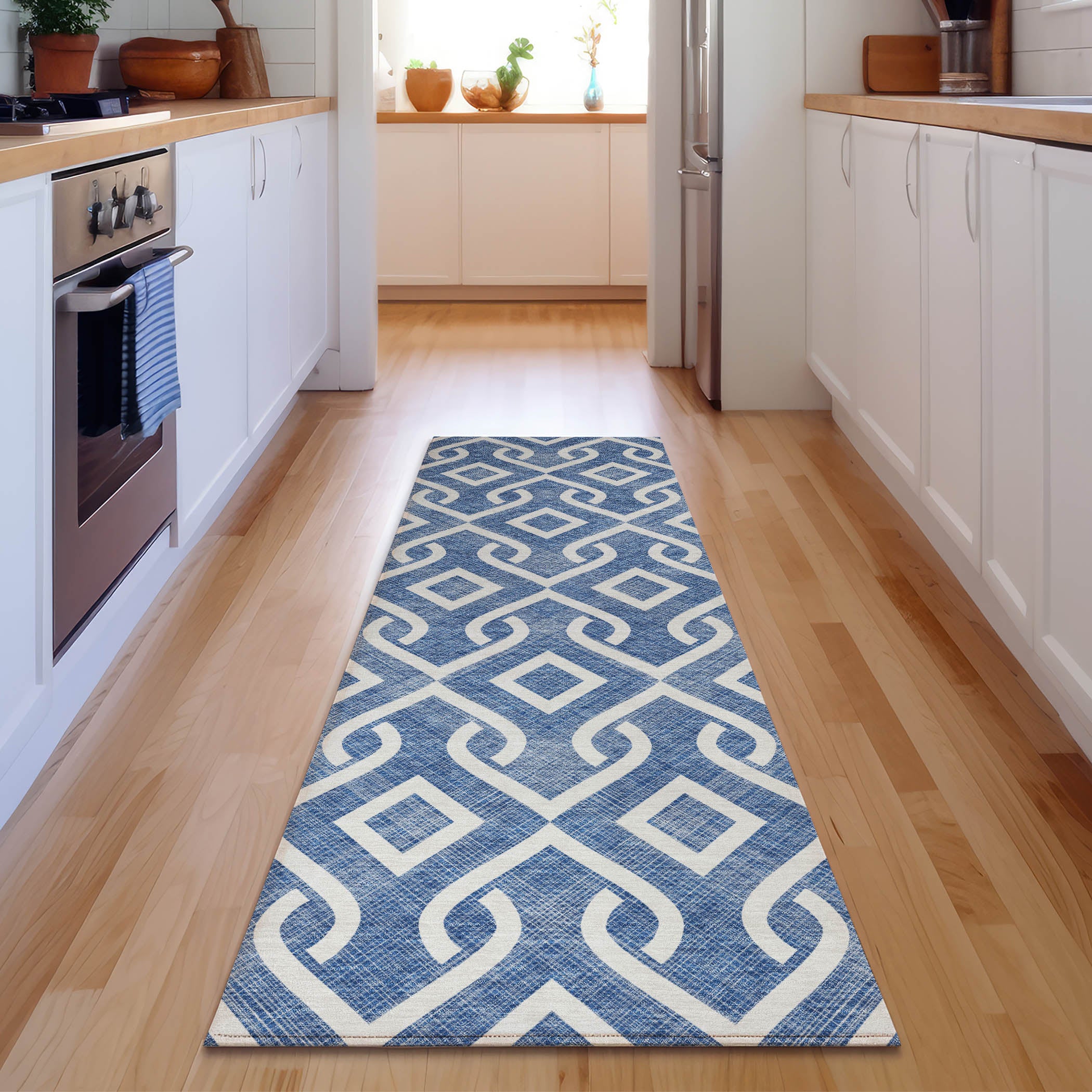 Mostar Machine Washable Transitional Blue Rug 2'3" x 7'6" #shape_Runner