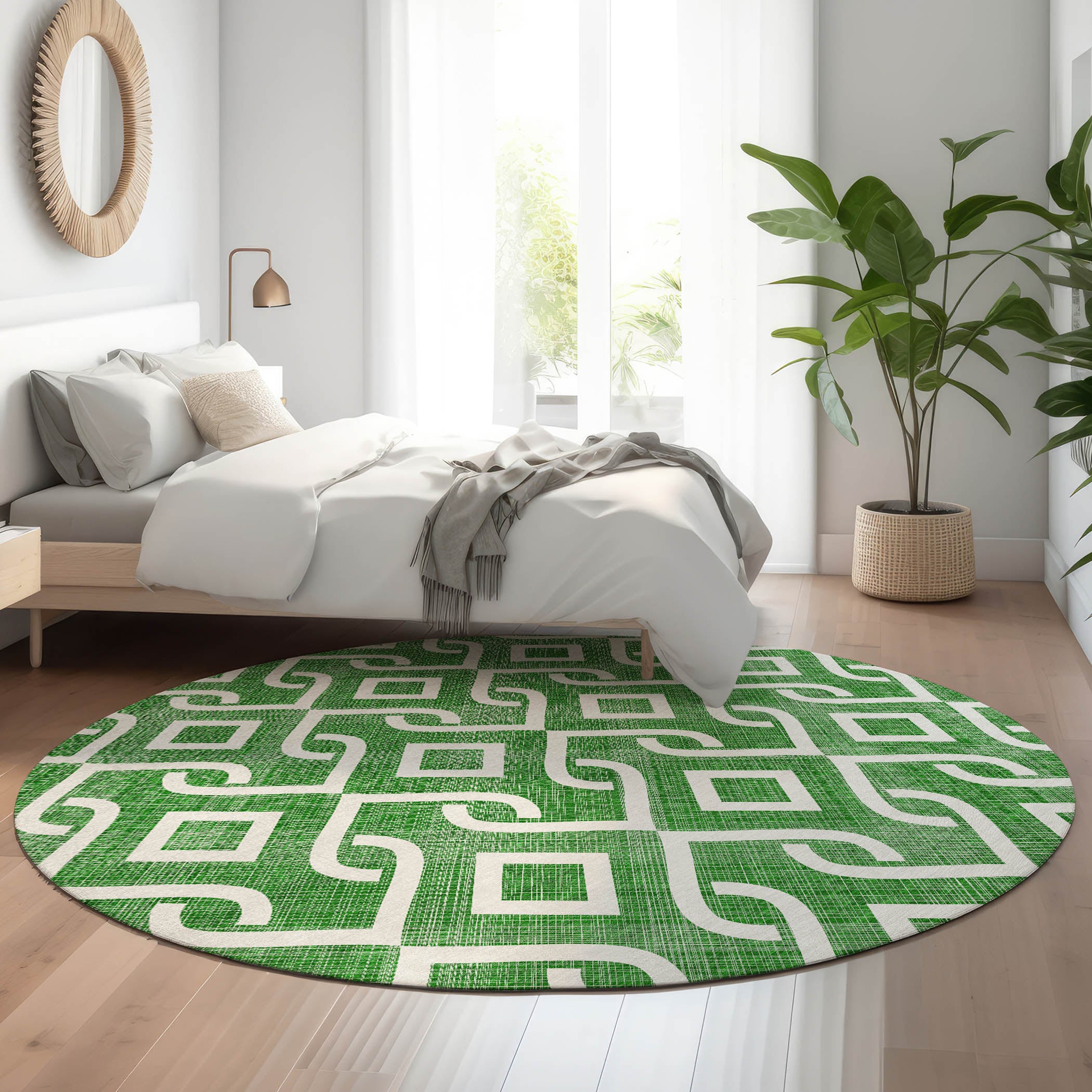 Mostar Machine Washable Transitional Emerald Green Rug 8' x 8' #shape_Round