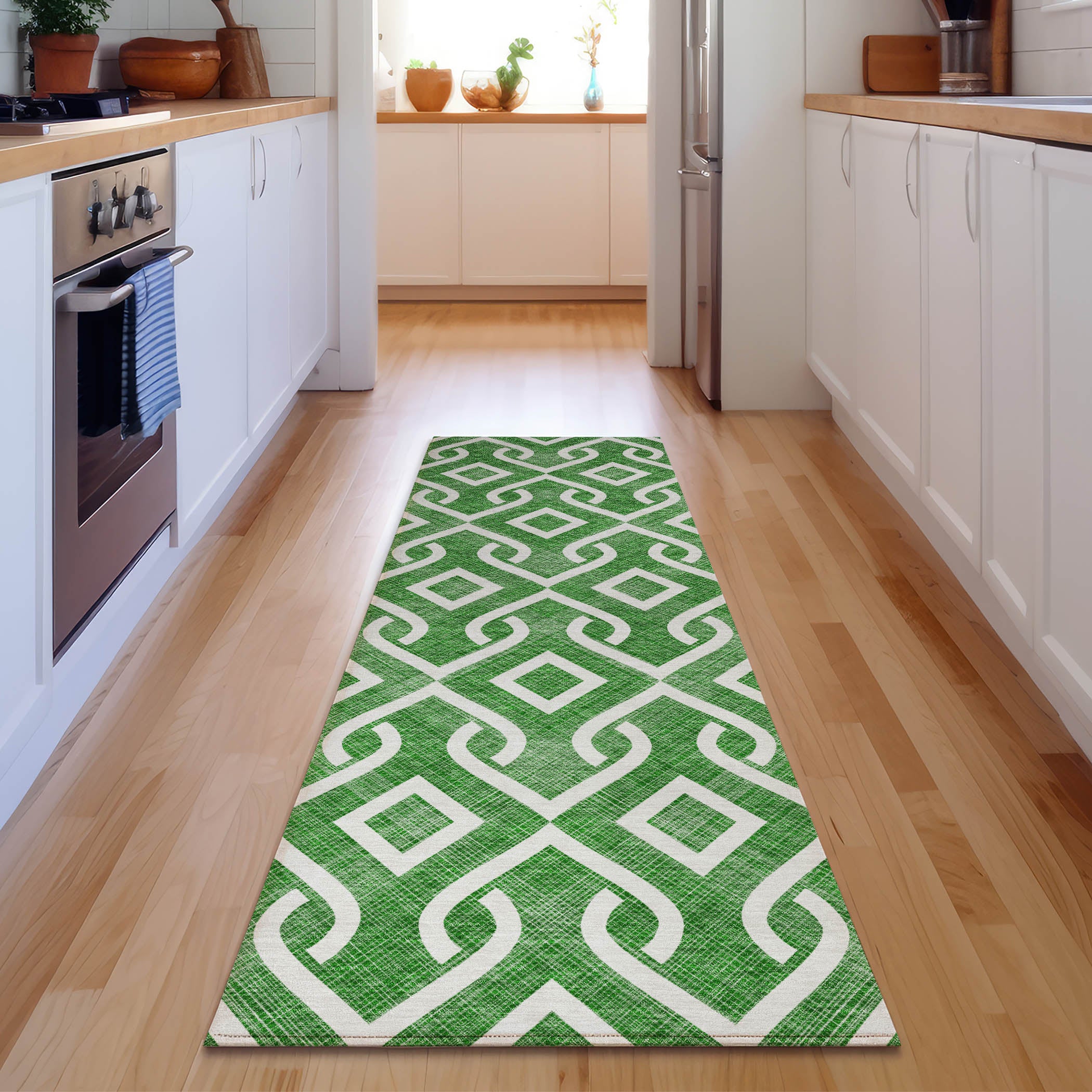 Mostar Machine Washable Transitional Emerald Green Rug 2'3" x 7'6" #shape_Runner