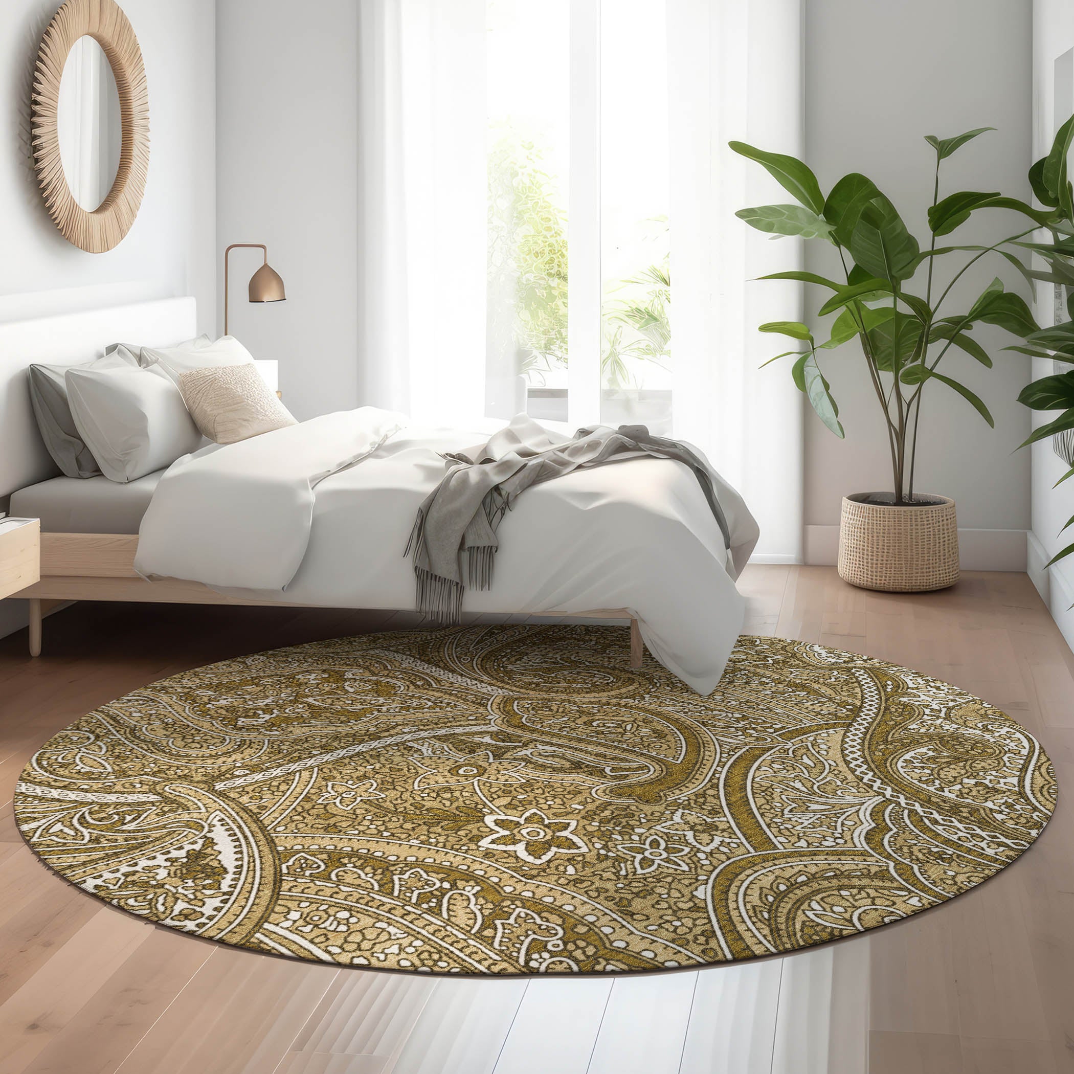 Oaxaca Machine Washable Traditional Brown Rug 8' x 8' #shape_Round