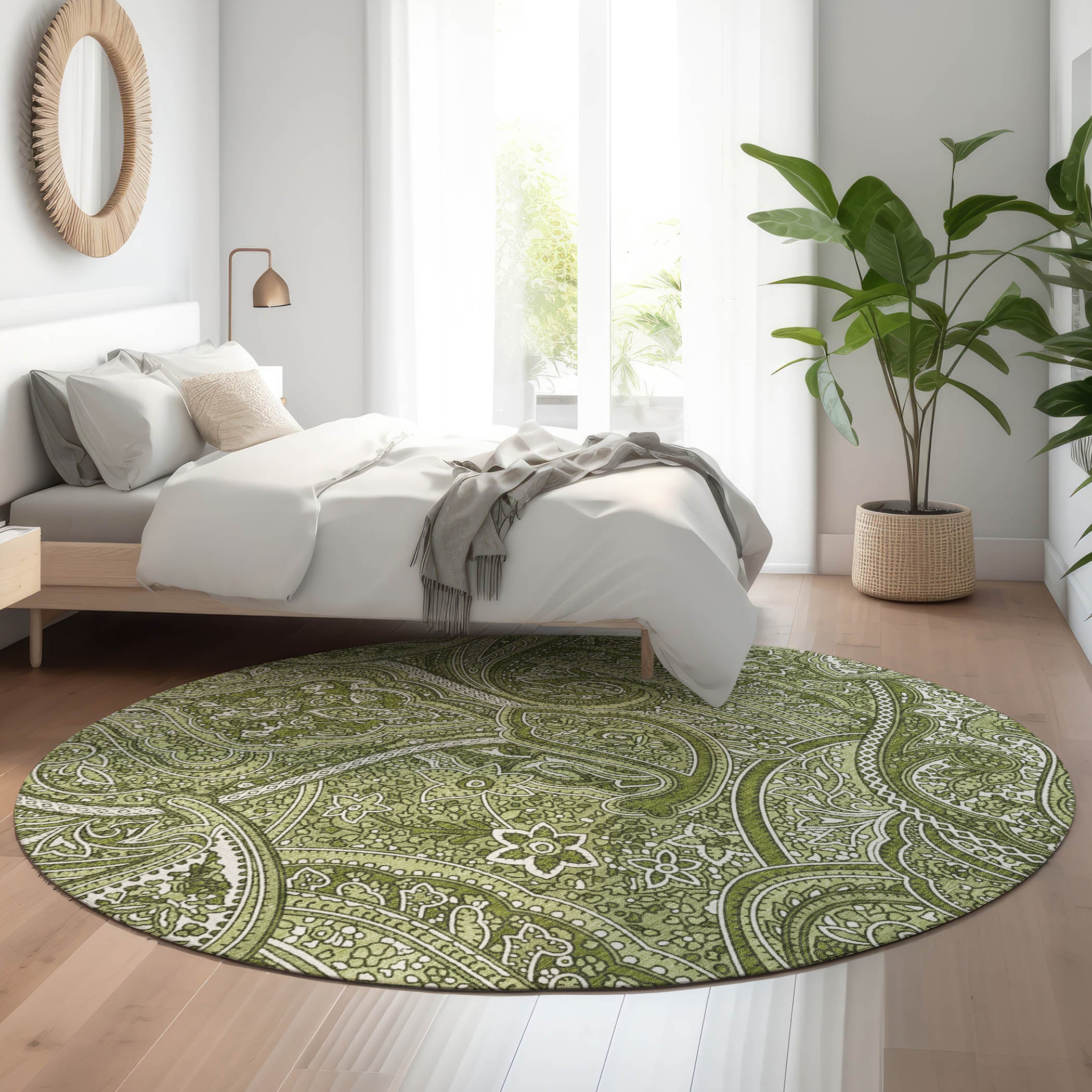 Oaxaca Machine Washable Traditional Green Rug 8' x 8' #shape_Round