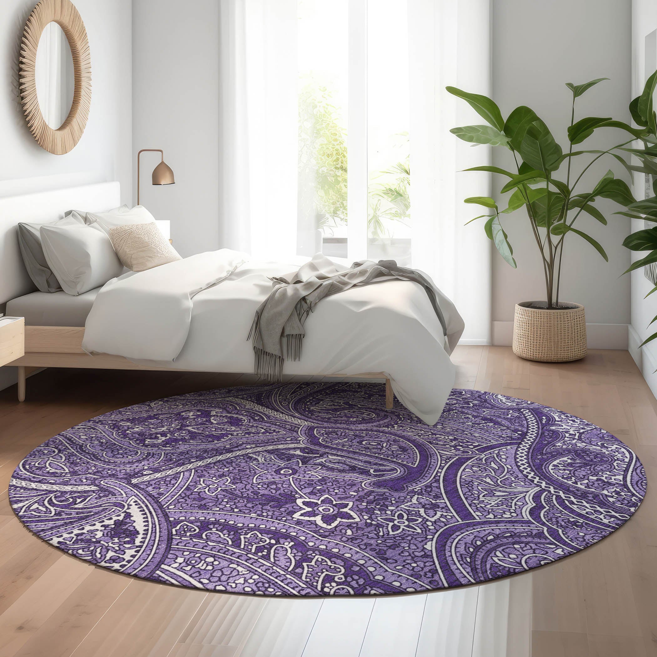 Oaxaca Machine Washable Traditional Purple Rug 8' x 8' #shape_Round