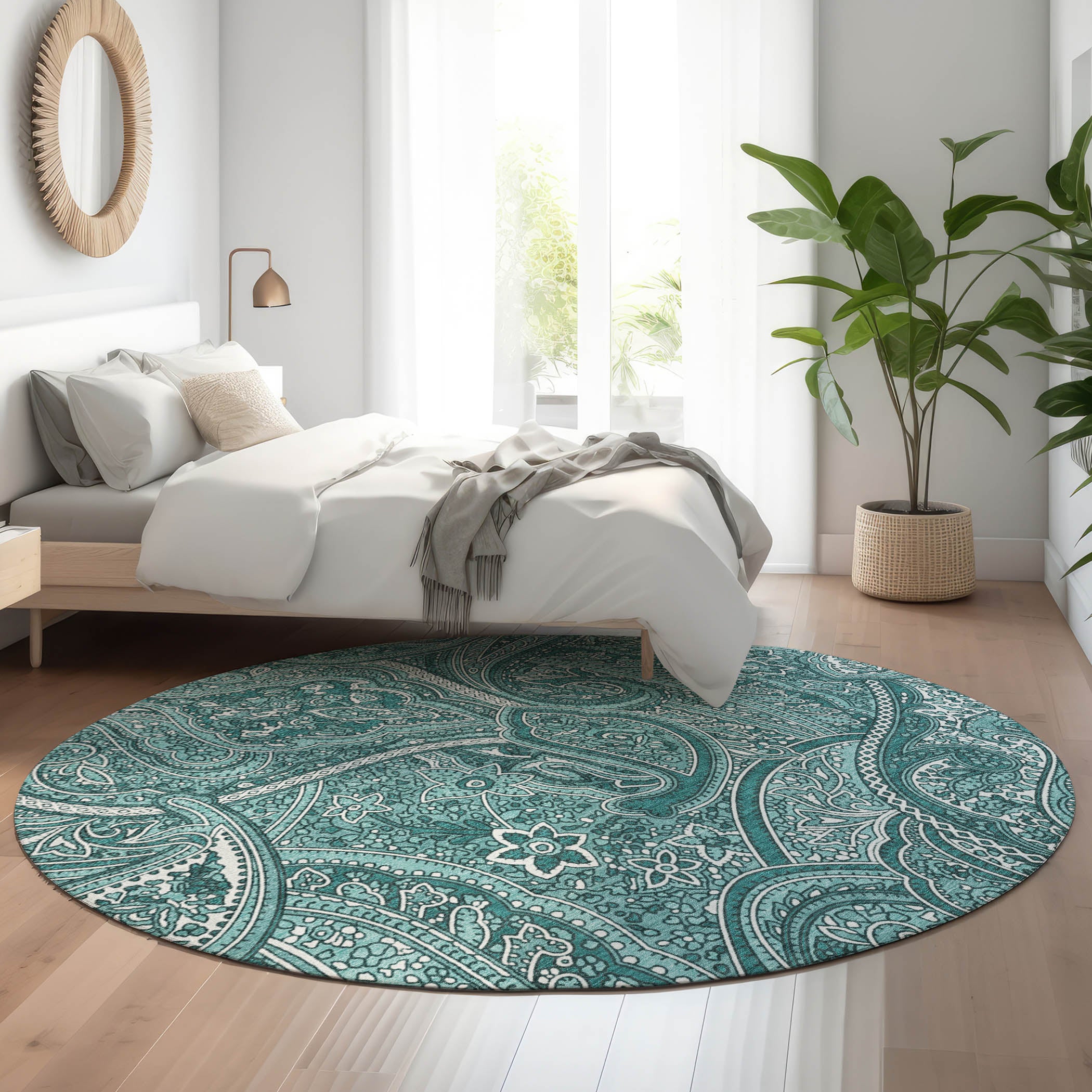 Oaxaca Machine Washable Traditional Teal Rug 8' x 8' #shape_Round