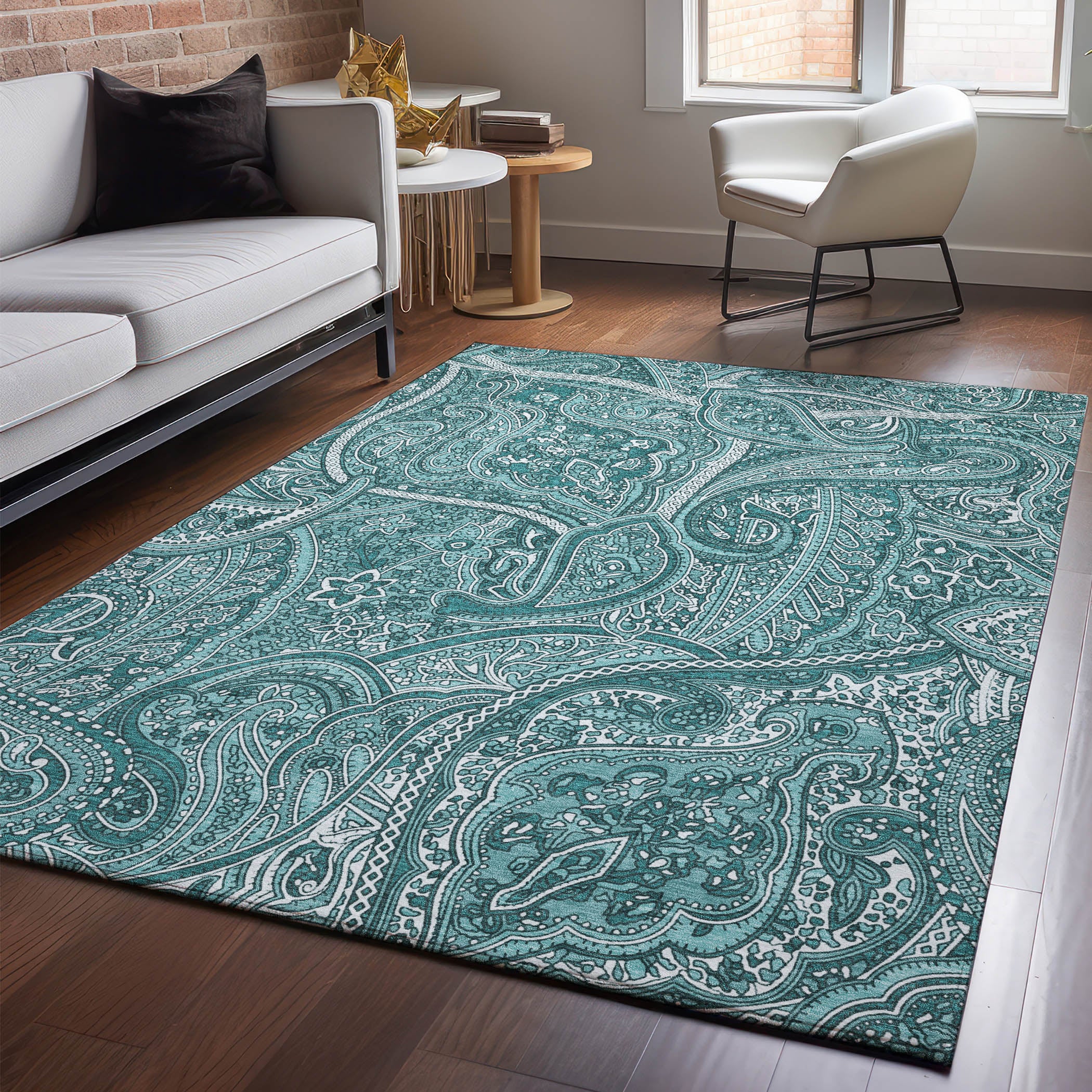 Oaxaca Machine Washable Traditional Teal Rug 2'6" x 3'10" #shape_Rectangle