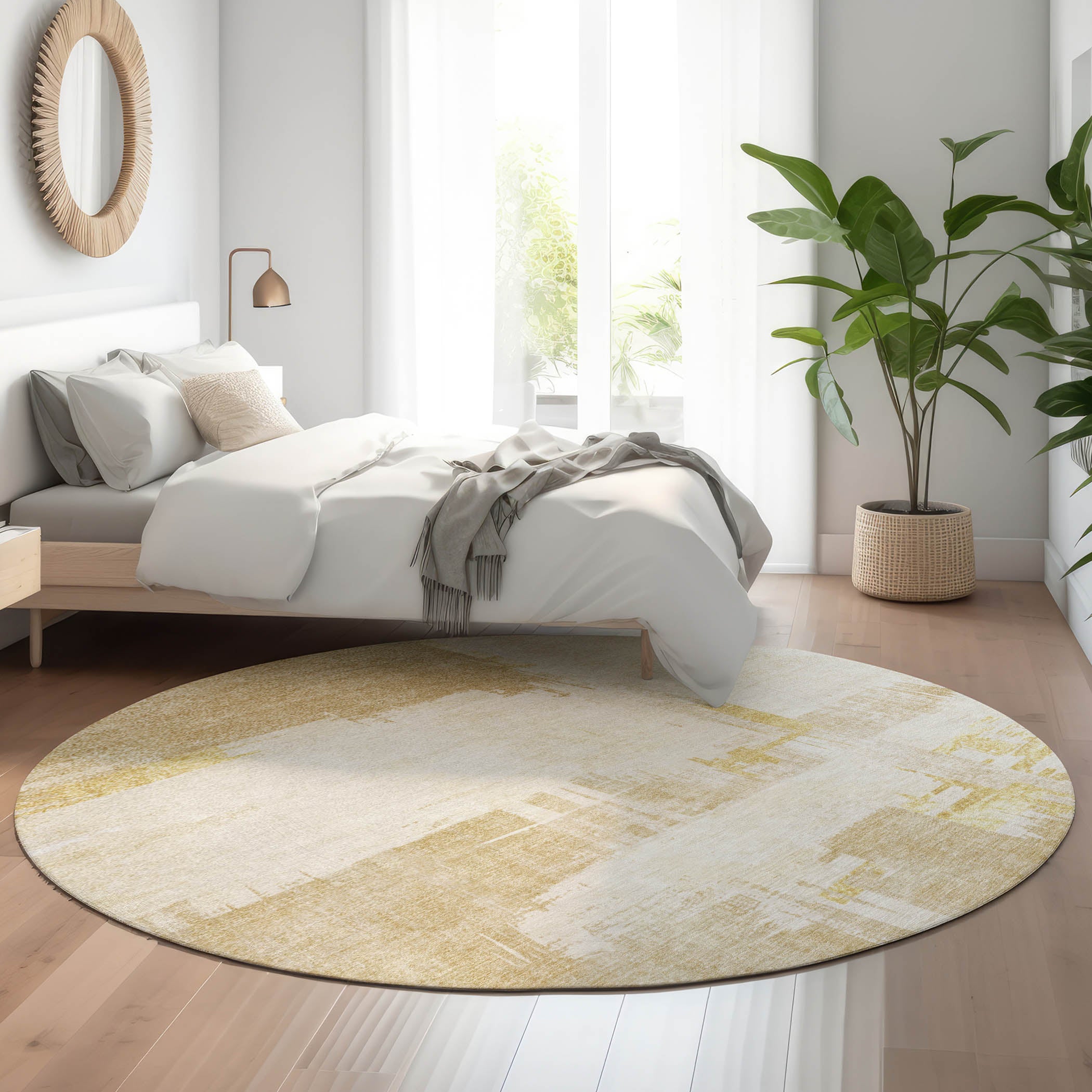 Cairo Machine Washable Traditional Beige Brown Rug 8' x 8' #shape_Round