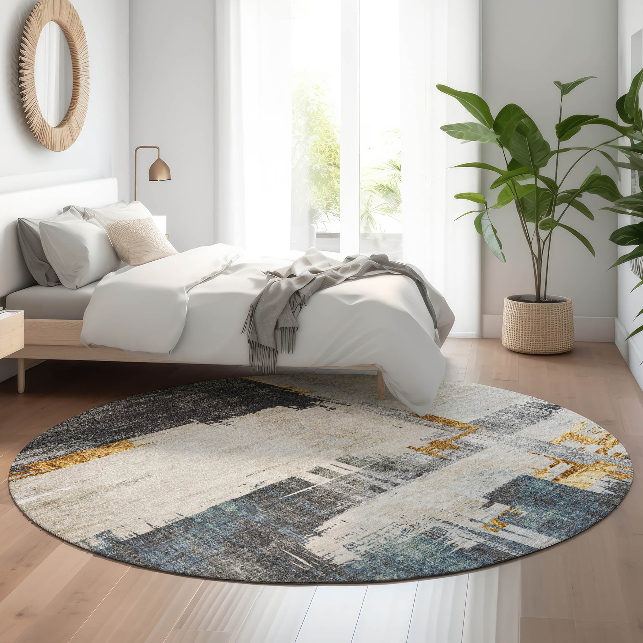 Cairo Machine Washable Traditional Charcoal Gray Rug 8' x 8' #shape_Round